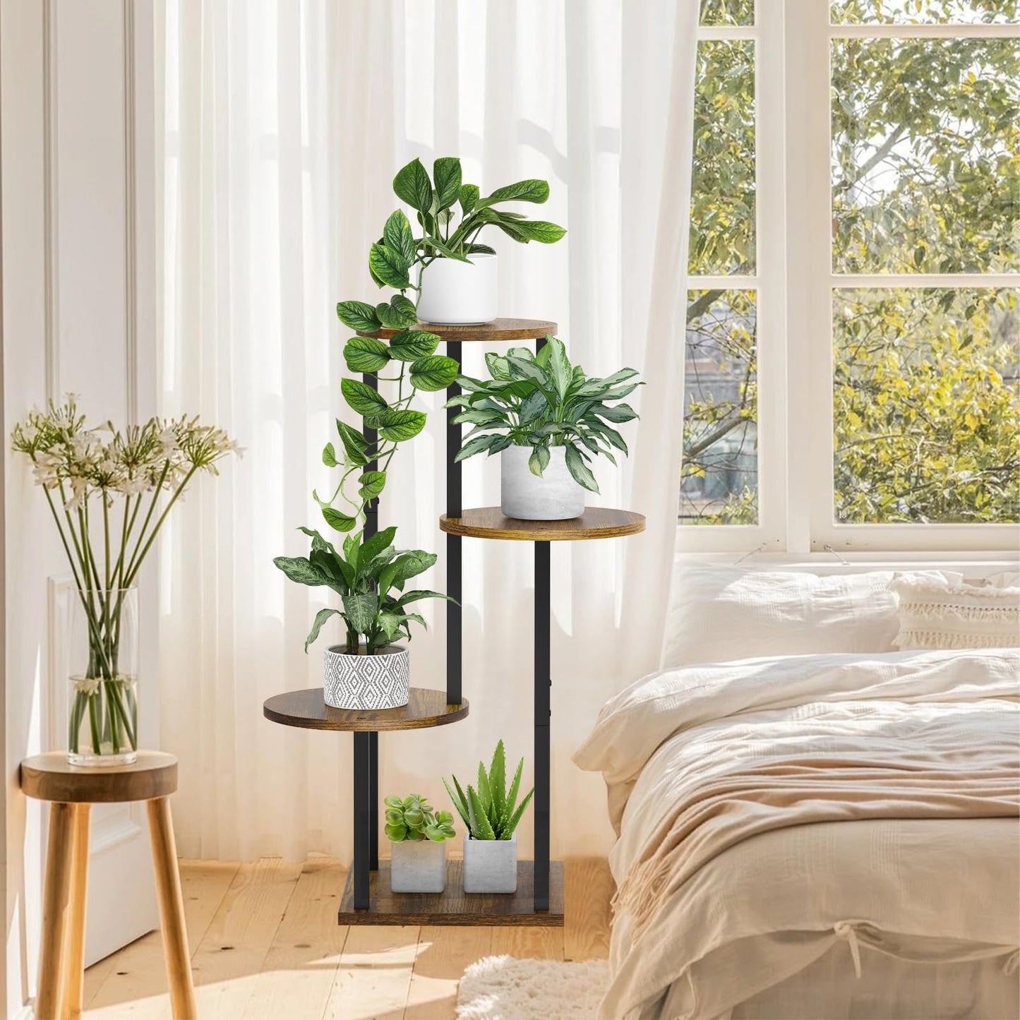 SMFANLIN 4 Tier Plant Stand Indoor, Metal Wooden Tall Plant Shelf Flower Pot Stand for Multiple Plants, Corner Flower Holder Plant Display Rack for Living Room Balcony Patio Garden (Rustic Brown)