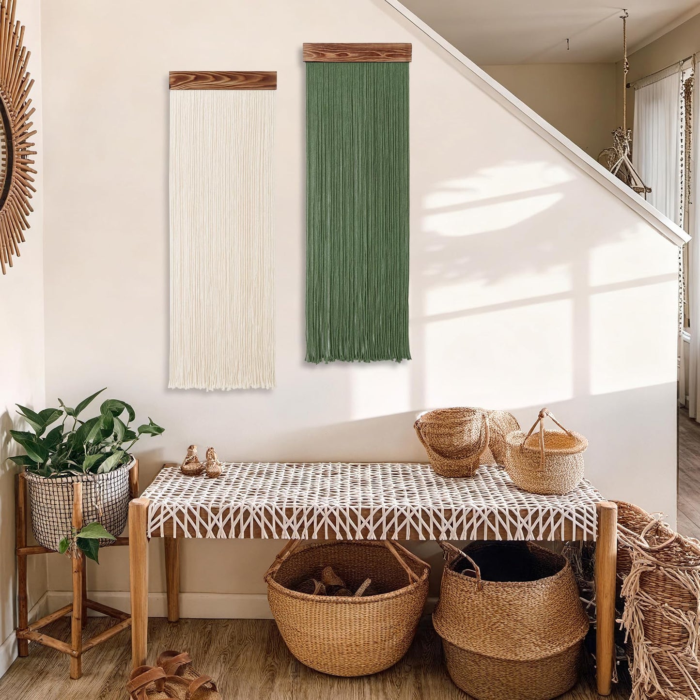 KHOYIME Macrame Wall Hanging Boho Chic Home Decor, 2PCS Bohemian Green Beige Tassel Yarn Tapestry Modern Handmade Large Wall Art Decorations for Living Room Bedroom Nursery Backdrop 11.8''W x 36''L