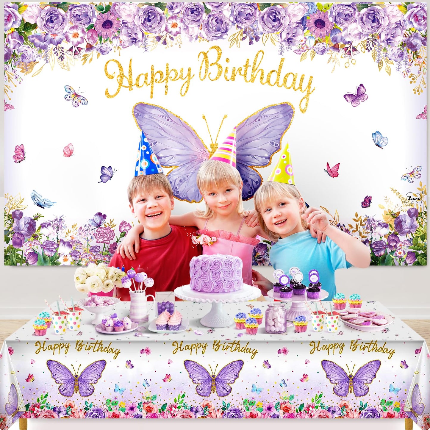 Butterfly Party Decorations, Girls Birthday Themes Decorations with Balloon Arch Kit Butterfly Photography Backdrop Banner and Tablecloth for Girls Women Butterfly Birthday Decor