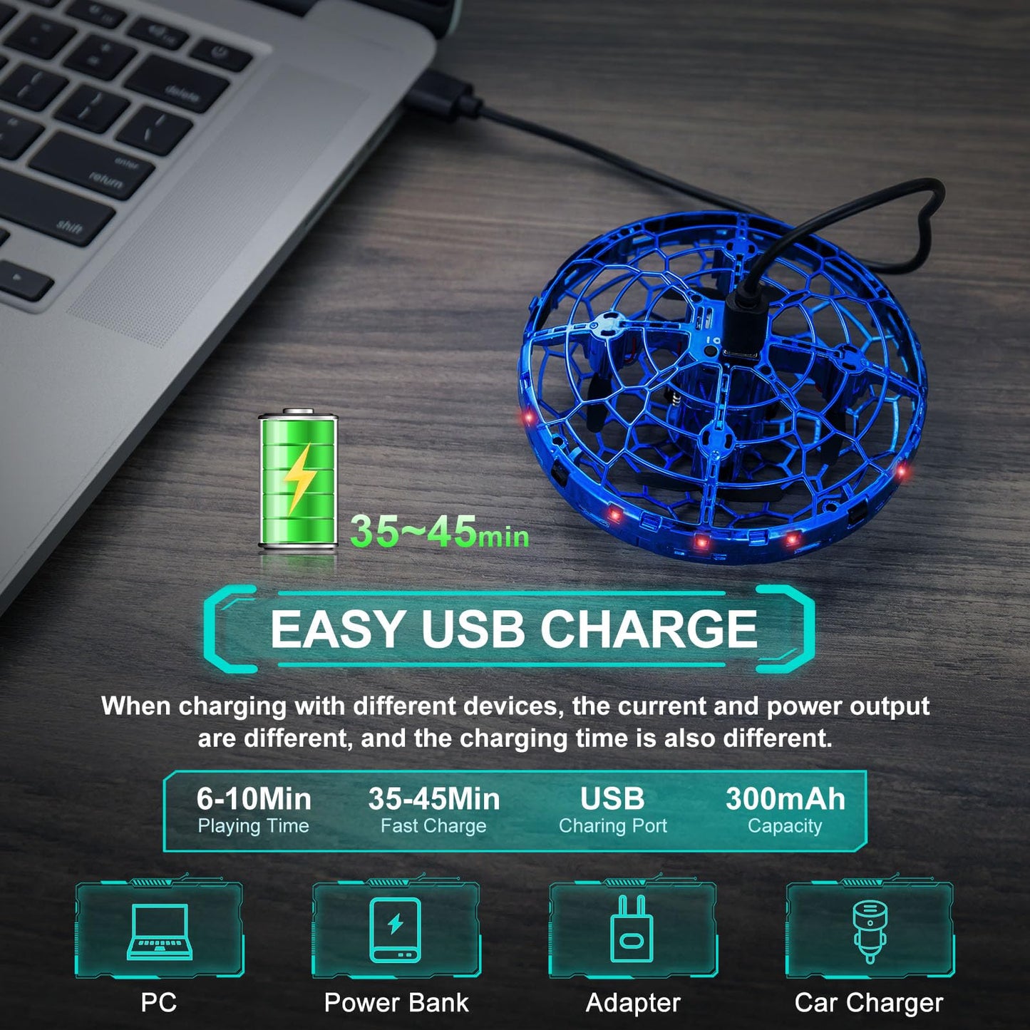 Hand Operated Flying Toy Drone for Kids, 360° Hands Free Motion Sensors Mini Drone with Cool LED Lights, Easy Indoor Small UFO Toy Flying Ball Drone for 6 7 8 9 10+ Year Old Boys and Girls (Blue)