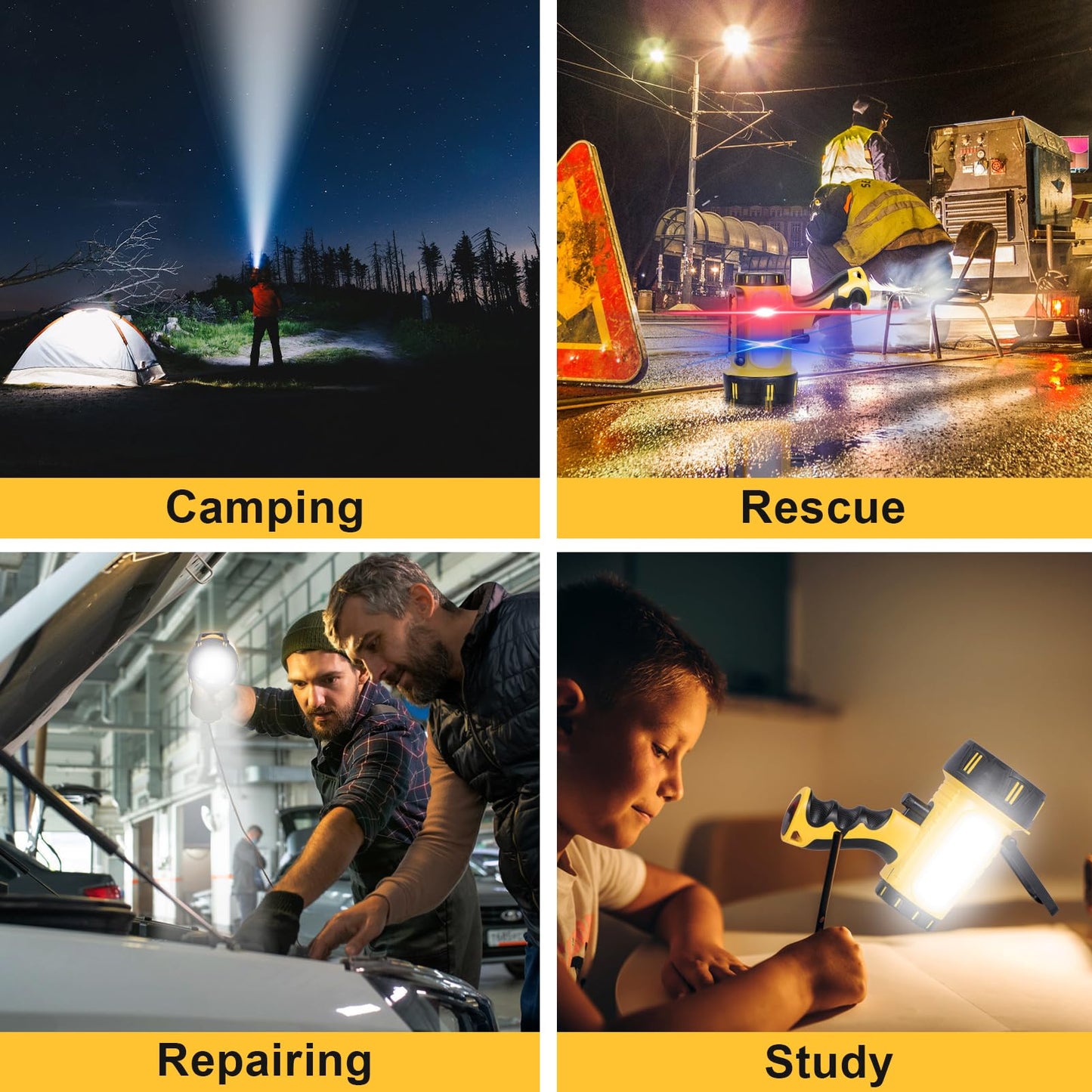 Super Bright Rechargeable Spotlight Flashlight High Lumens 10000mAh, Handheld LED Searchlight with Built-in Stand, 6 Light Modes & USB Output, Water-Resistant for Camping, Emergency & Outdoor Use