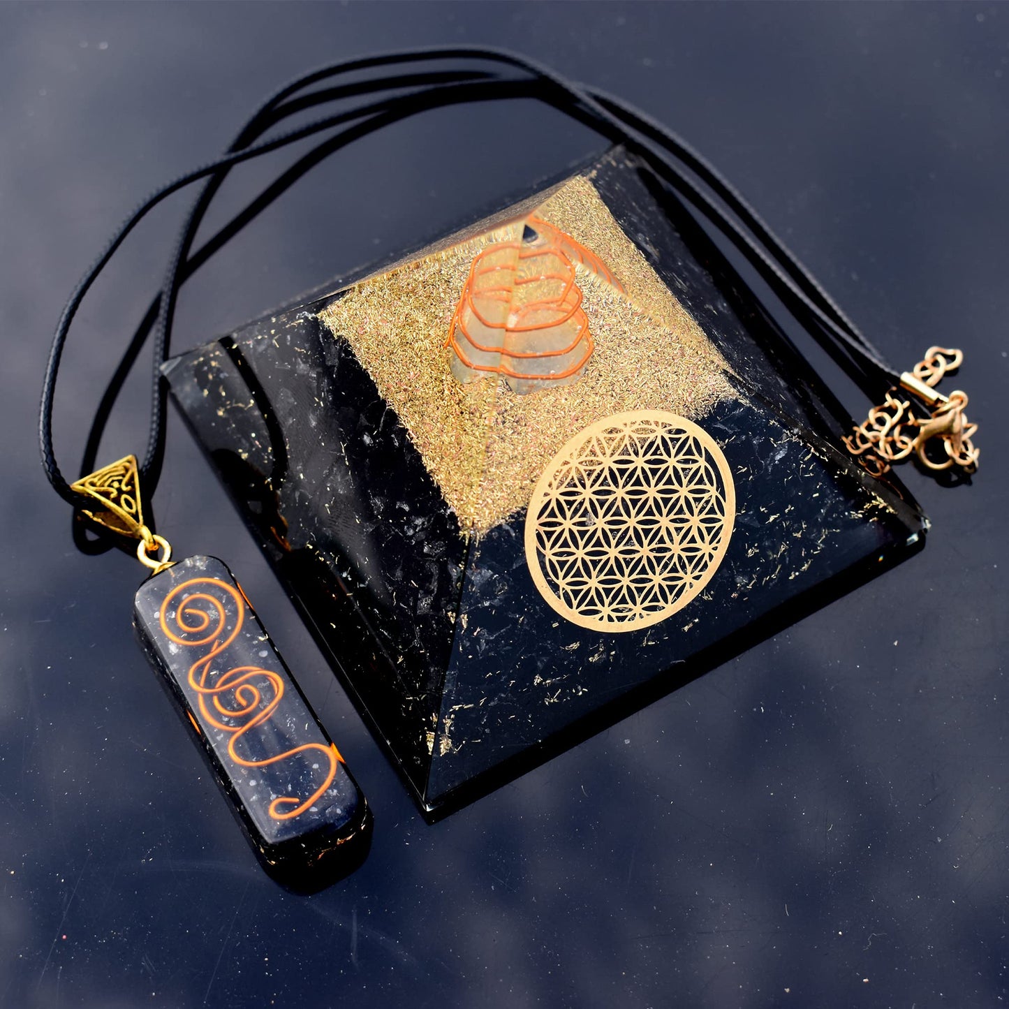 Real Crystal Black Tourmaline Orgonite Pyramid W/Flower of Life Healing Crystal Pendant, Pyramid Crystal Gemstone Pyramid for Meditation, Motivation, Positivity - Handmade in India