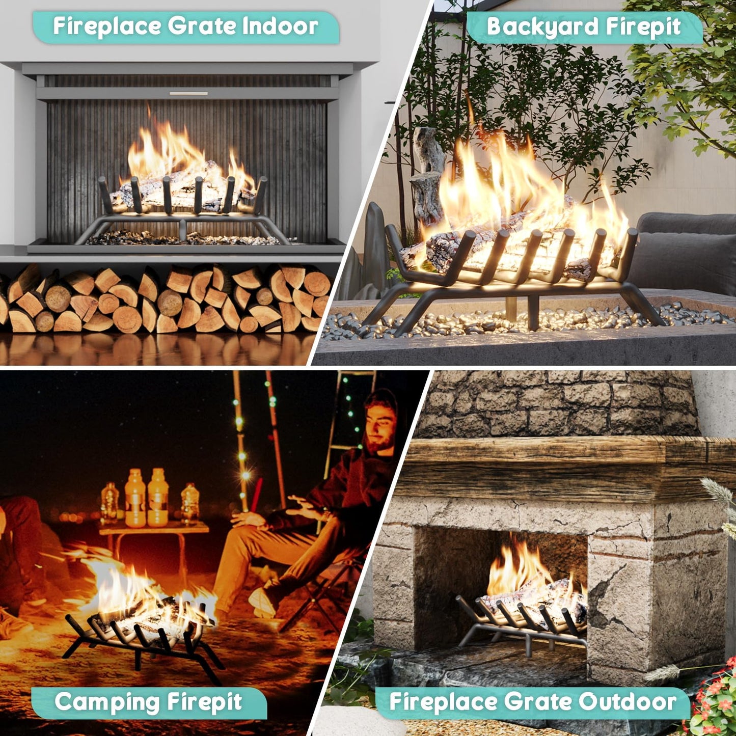 jkxoo 17-Inch Fireplace Grate, Heavy Duty 6-Bar Log Rack Holder Made of Solid Round Steel for Indoor/Outdoor Fire Pits, Wood Stoves & Kindling Tools
