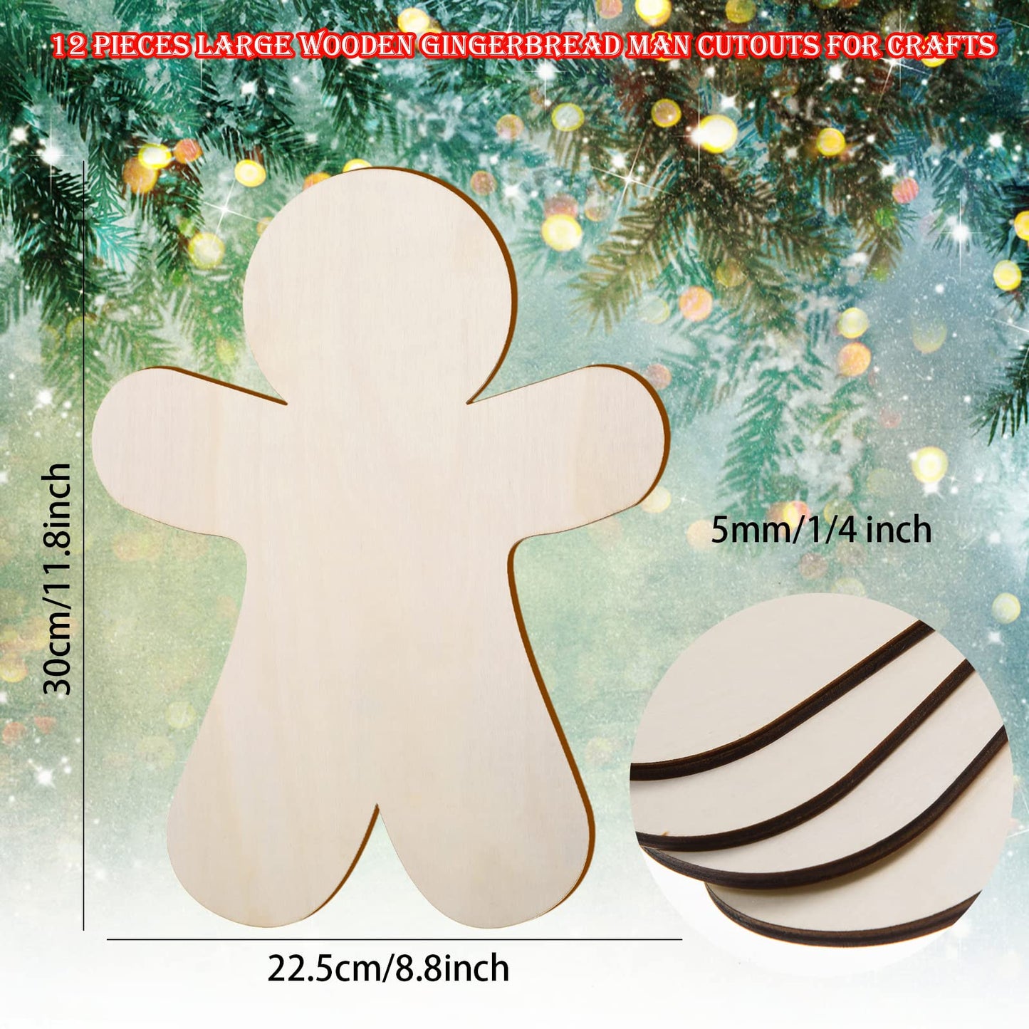 12 Pcs Large Wooden Gingerbread Man Cutouts, 12 Inch Unfinished Wood Gingerbread Man Shaped Ornaments Blank Christmas Decorations for DIY Crafts Xmas Winter Party Decor Door Hanger, 5mm Thick