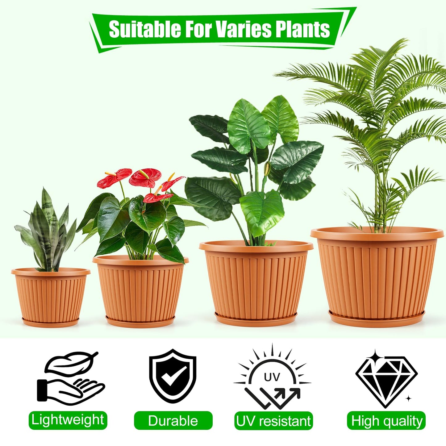 Myfeegoin Planter-Pots-for-Plants-Indoor-Outdoor, 4 Pack 10 Inch Plastic Flower Pots with Saucer & Drainage Holes, Modern Garden Planters for Planting Medium Large Plants，Decorative Resin Garden Pots