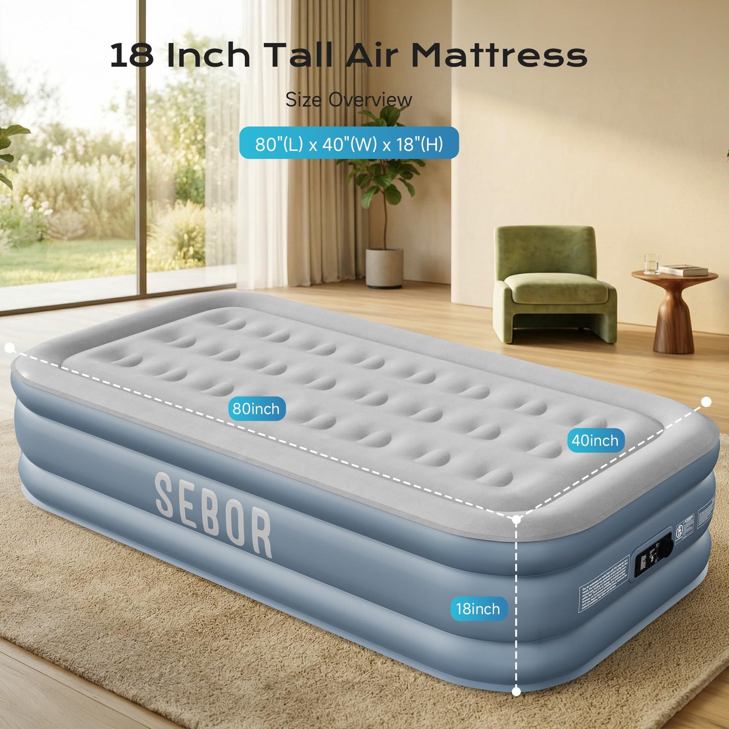 Sebor Air Mattress Twin with Built-in Pump 18", Comfortable Self-Inflating Blow up Mattress with High-Speed Pump, Durable Twin Size Air Mattress with Storage Bag for Guests, Moving, Camping, Travel