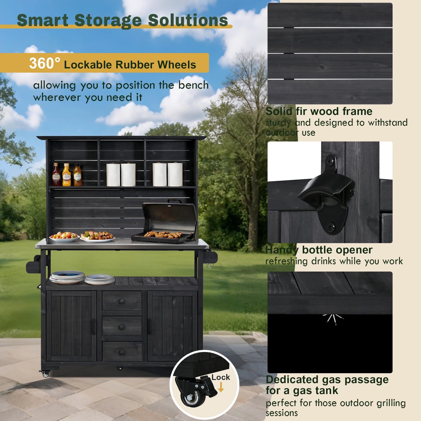 Merax 65''H Large Garden Storage Potting Bench with Lockable Wheels, Wood Outdoor Kitchen Island with Stainless Steel top, Drawers, Door Shelves and Hutch for Grilling, Black