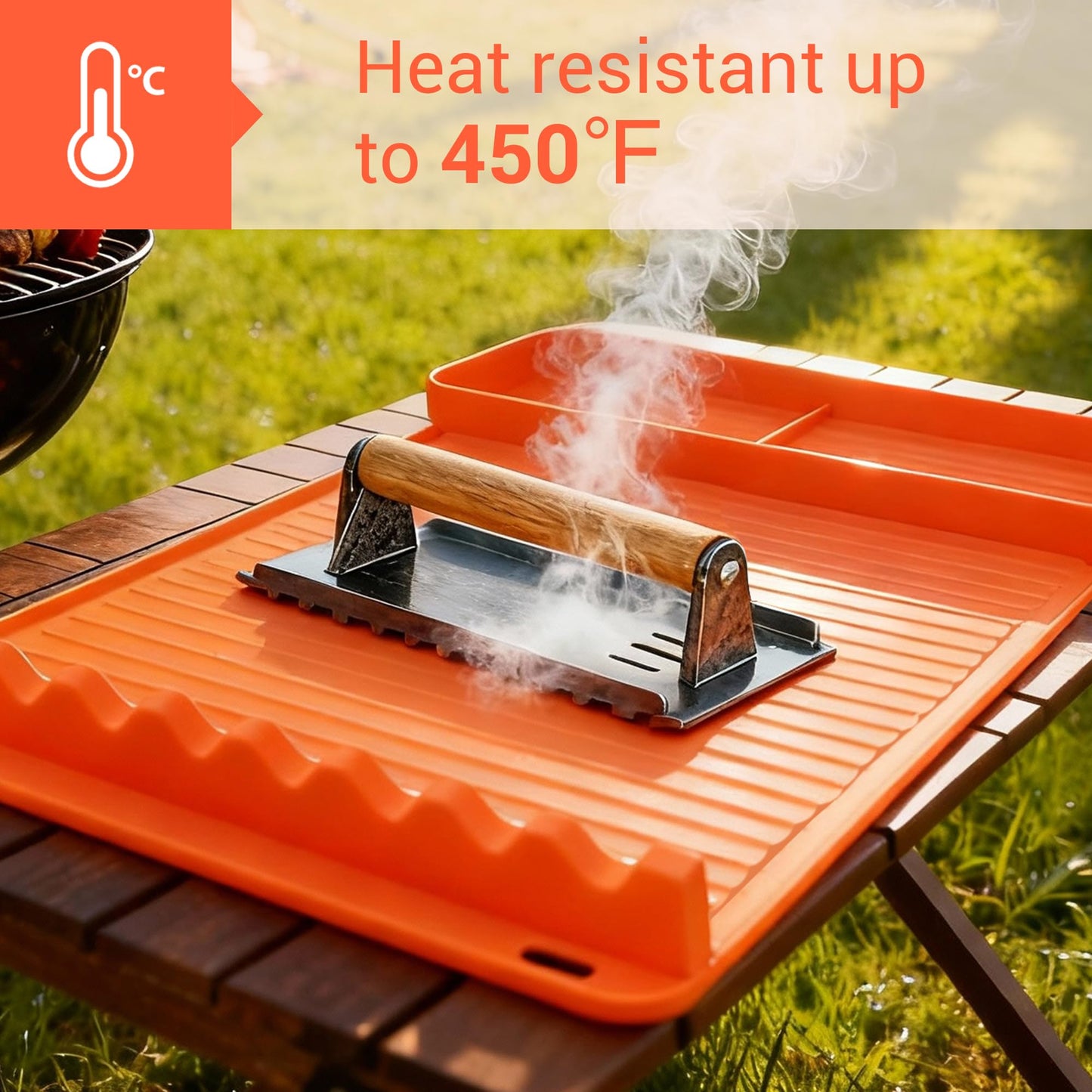 WZGUSXN 2Pack Silicone Grill Mat for Blackstone - 16x11.5 Inch Non-Slip Tool Mat with Sauce Drip Pad & Wavy Grip, Outdoor BBQ Accessories & Gifts for Men, Dad, Grilling（Orange）