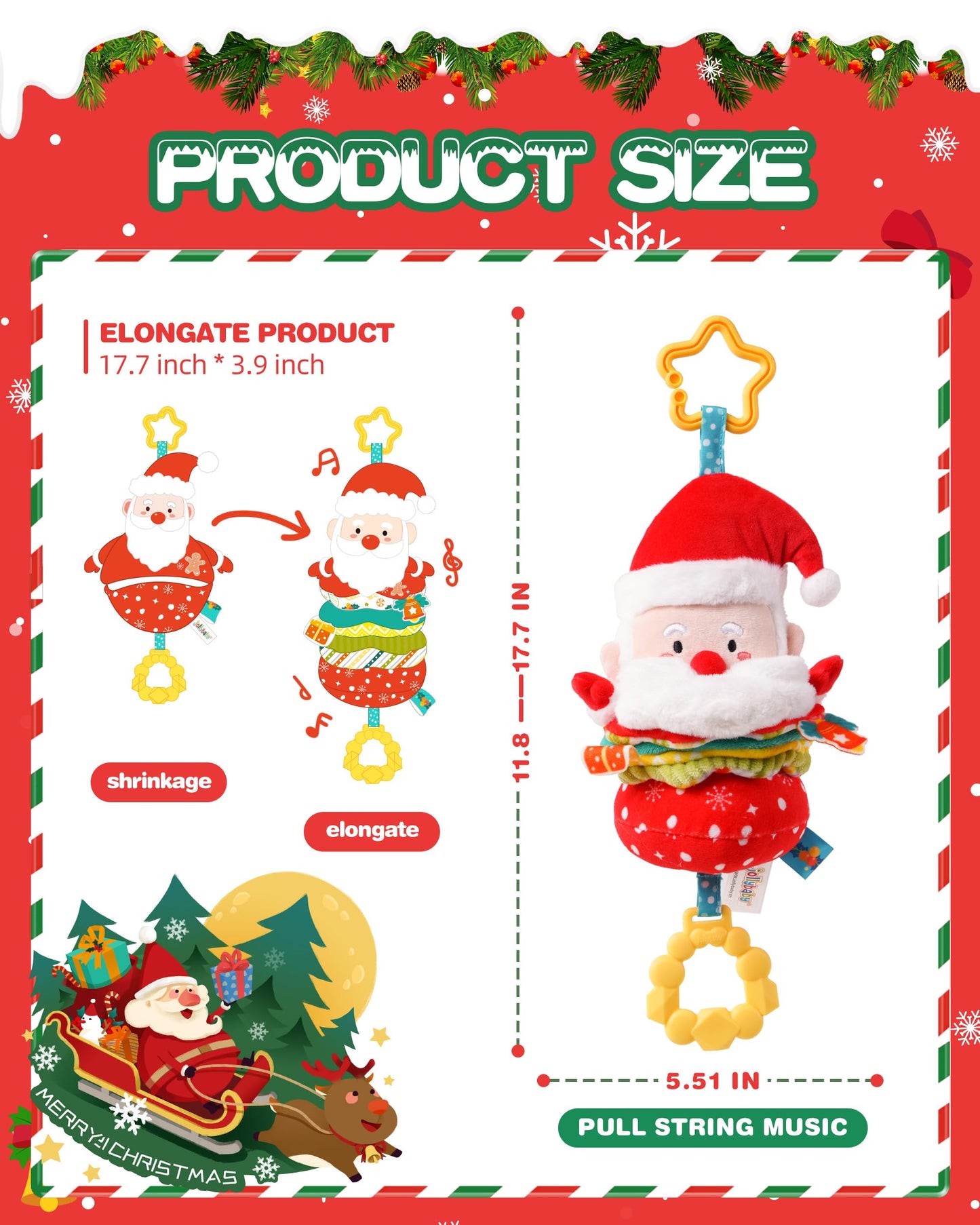 Jollybaby Car Seat Stroller Crib Hanging Toy for Baby 6-12-18-36 Months, My Baby First Christmas Santa Claus Musical Pull String Toys, Tummy Time Infants/Newborns Easter Gifts for Boy and Girl