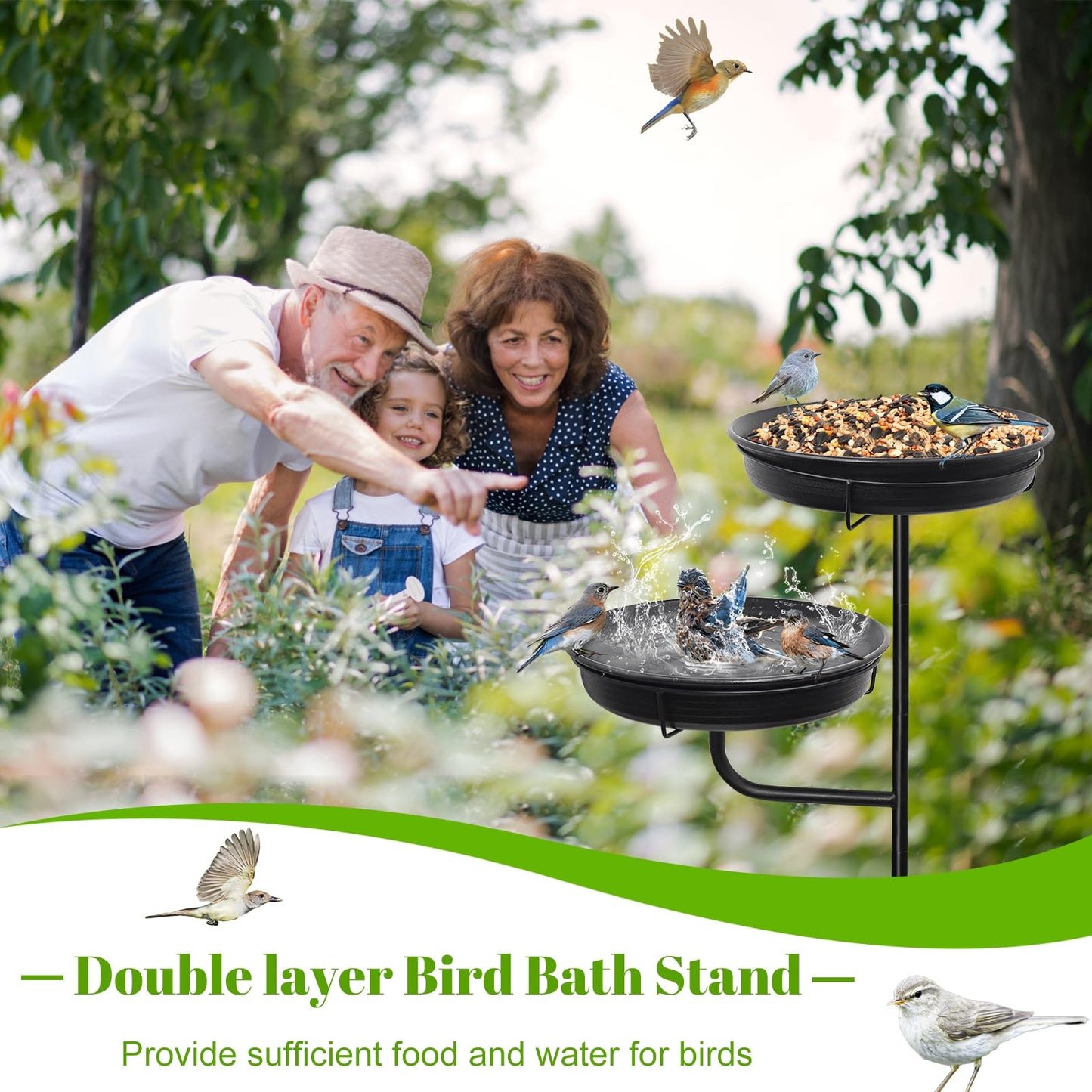 YALINKA Freestanding Birdbaths Bowl Outdoor, Standing Garden Bird Bath Bird Feeder & Bird Bath Bowl, Detachable Decoration Spa Birdfeeder for Garden Patio Yard Lawn, 4 Spiky Metal Stake (Black)