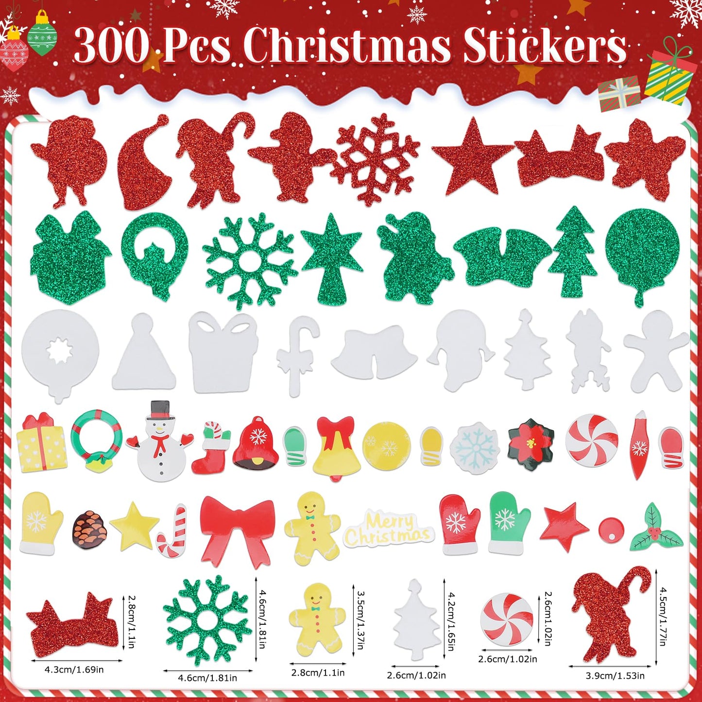 Coopay 300 Pcs Christmas Foam Stickers, Self-Adhesive Glitter Foam Stickers for Crafts, Holiday DIY Adhesive Crafts for Christmas Art Winter Greeting Cards Scrapbooking Home & Party Decoration