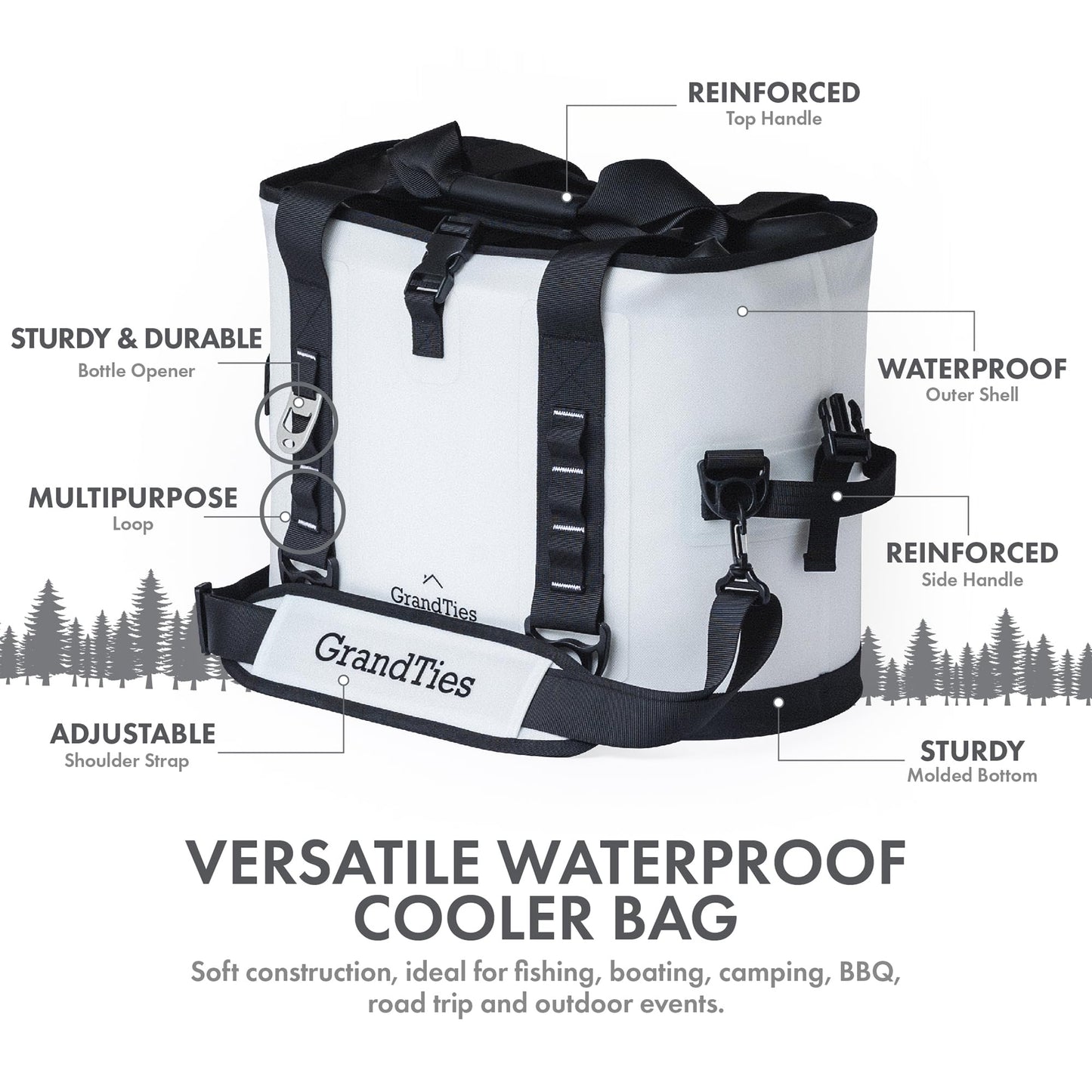 GrandTies 40 Can Portable Soft Cooler Bag - High-Performance Large Cooler - Leak Proof Waterproof Insulated Cooler Bag - Portable Ice Chest for Outdoor, Fishing, Beach, Travel, Car, Camping - White