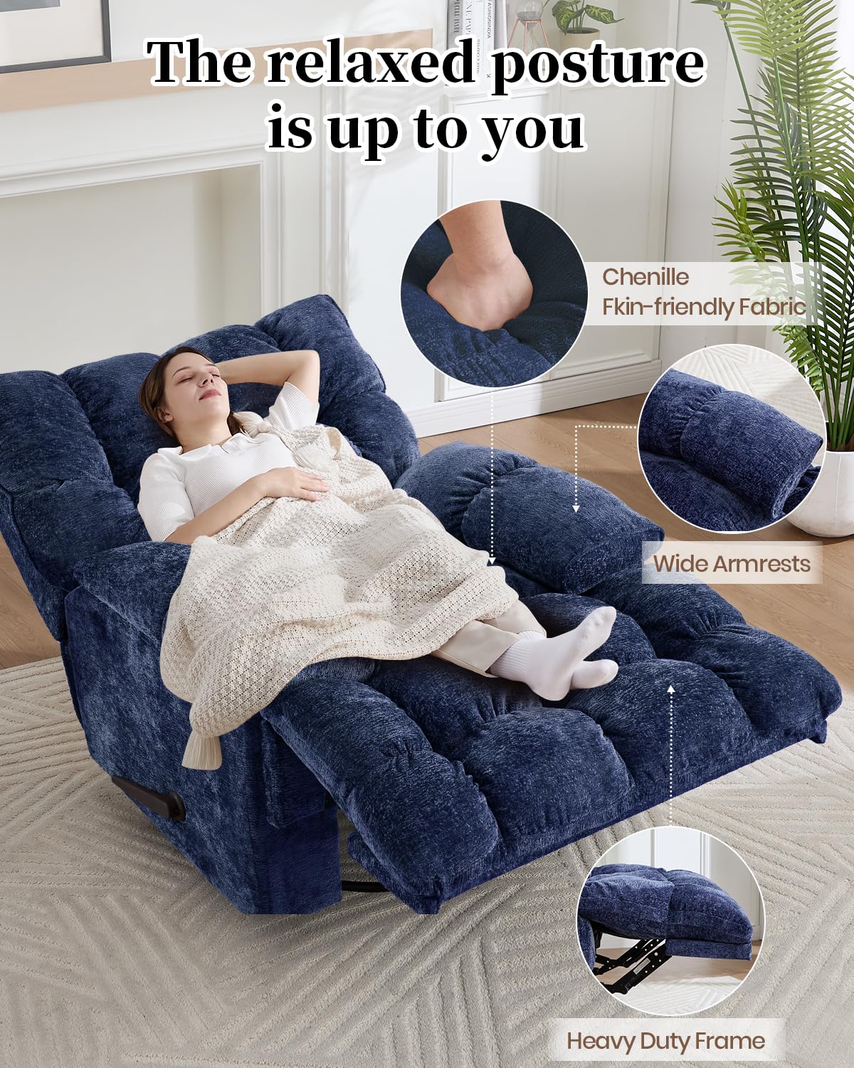 GARTMILAN Oversized Manual Recliner Chair with 360° Swivel, Big and Tall Rocker Glider for Nursery Living Room, Chenille Overstuffed Reclining Sofa with Handle, 375lbs (Blue, Manual)
