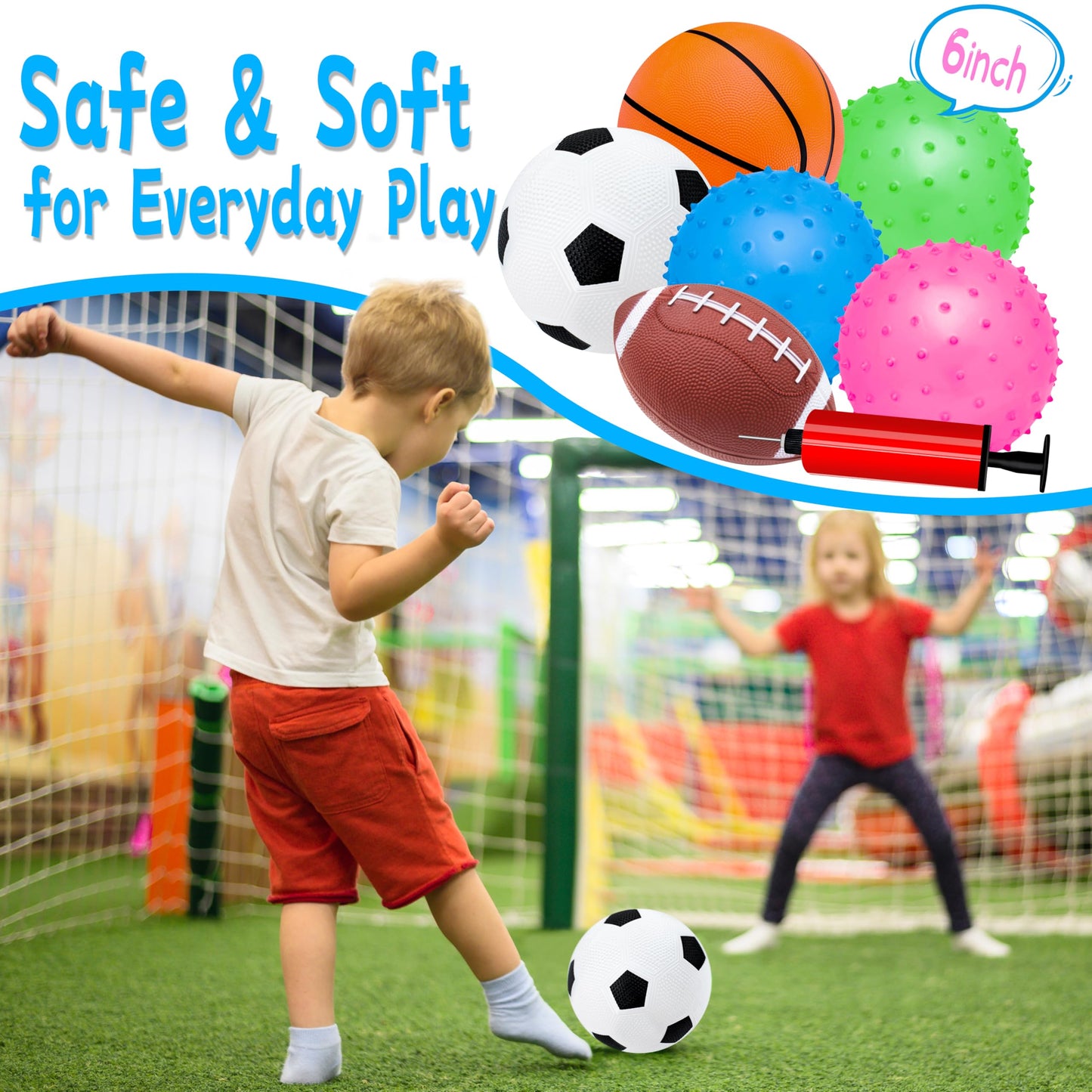 Ladwon Kids Ball, Balls for Toddlers 1-3, Set of 6 Toddler Ball, Outdoor Toy for Kids, Soft Balls for Kid, Baby Sports Beach Toys, Green&Safe Soccer Basketball Baseball Rugby with Free Bump