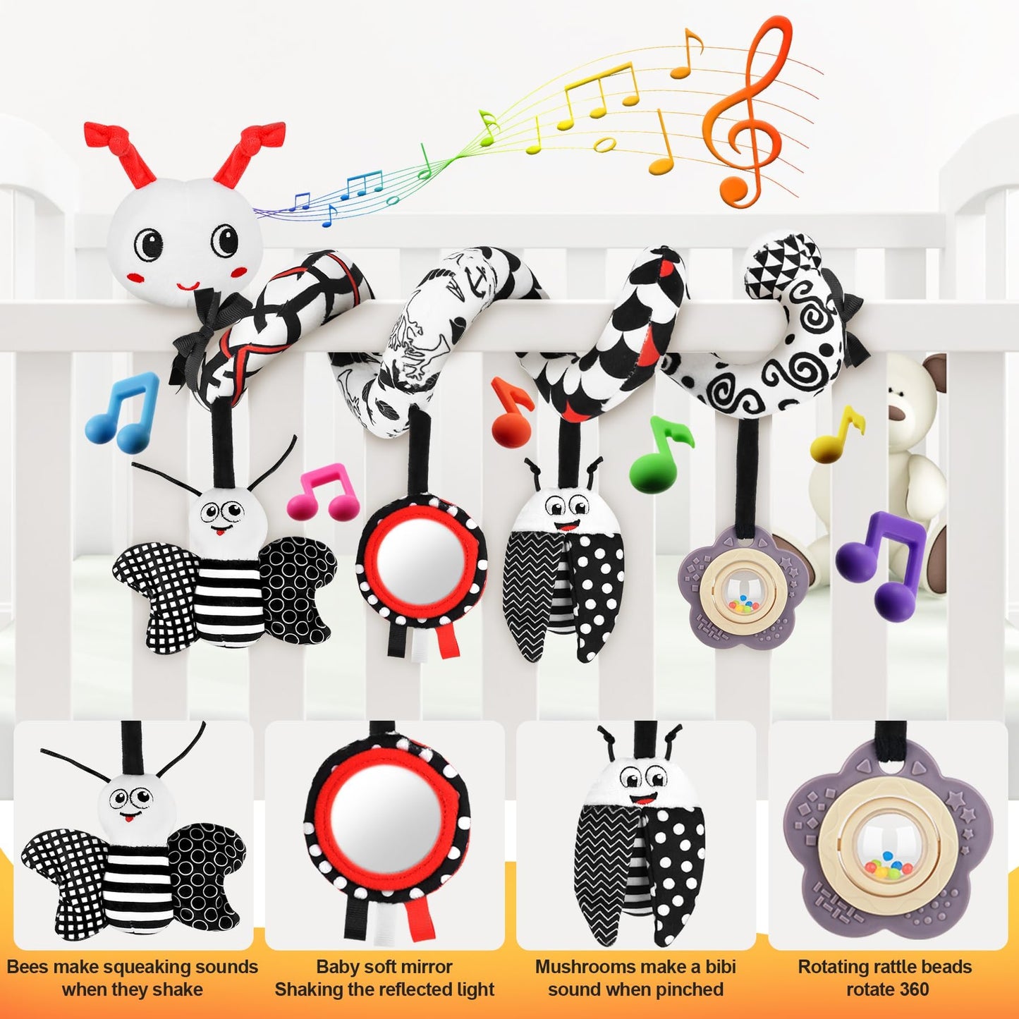 Zendstanding Car Seat Toys for Babies, 0-6 Months Stroller Activity Black White Baby Spiral Plush Toys Newborn High Contrast Sensory Carseat Toys with 4 Pendants Hanging Boys Girls Gift
