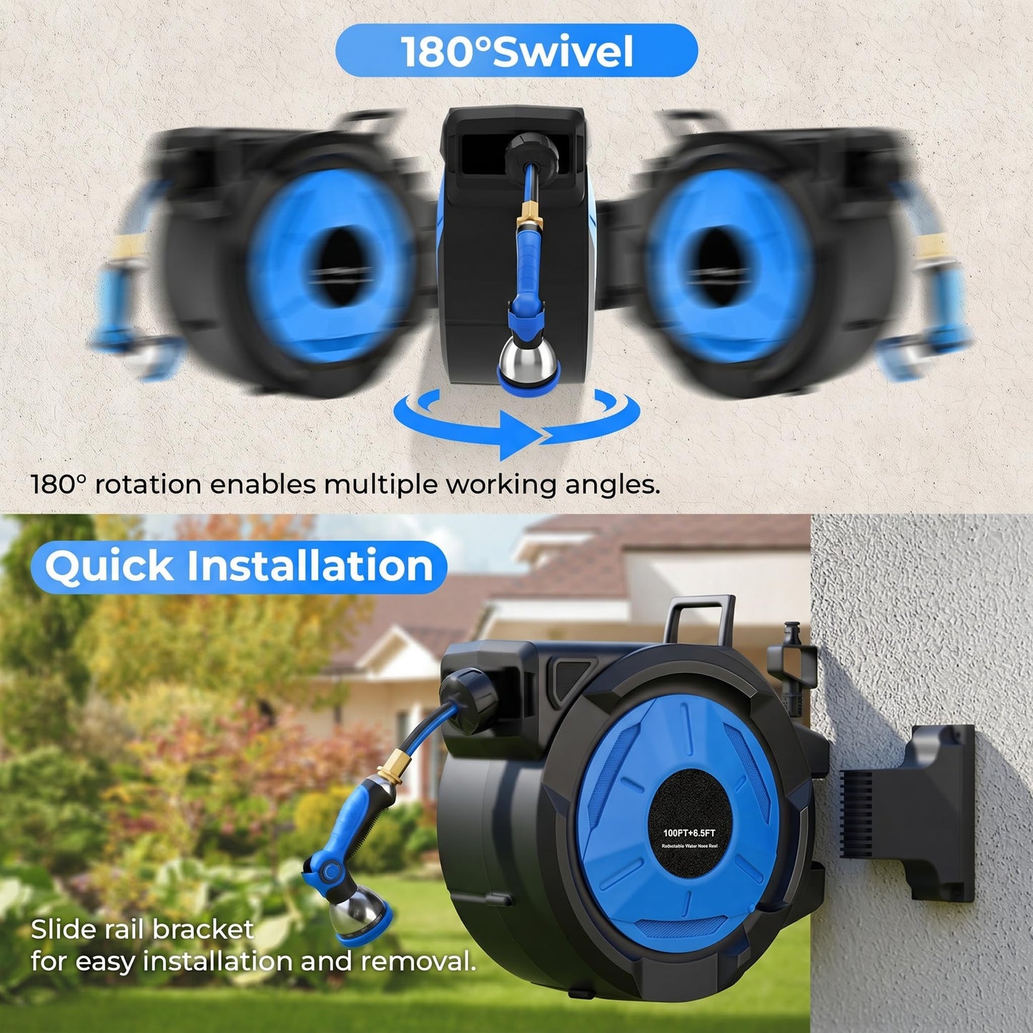 Homdox Retractable Garden Hose Reel 100 ft x 1/2 inch, Automatic Garden Hose Reels with 10 Pattern Nozzle, Wall Mounted Hose Reel, Auto Rewind, 180°Swivel, Any Length Lock Water Hose Reel for Outside