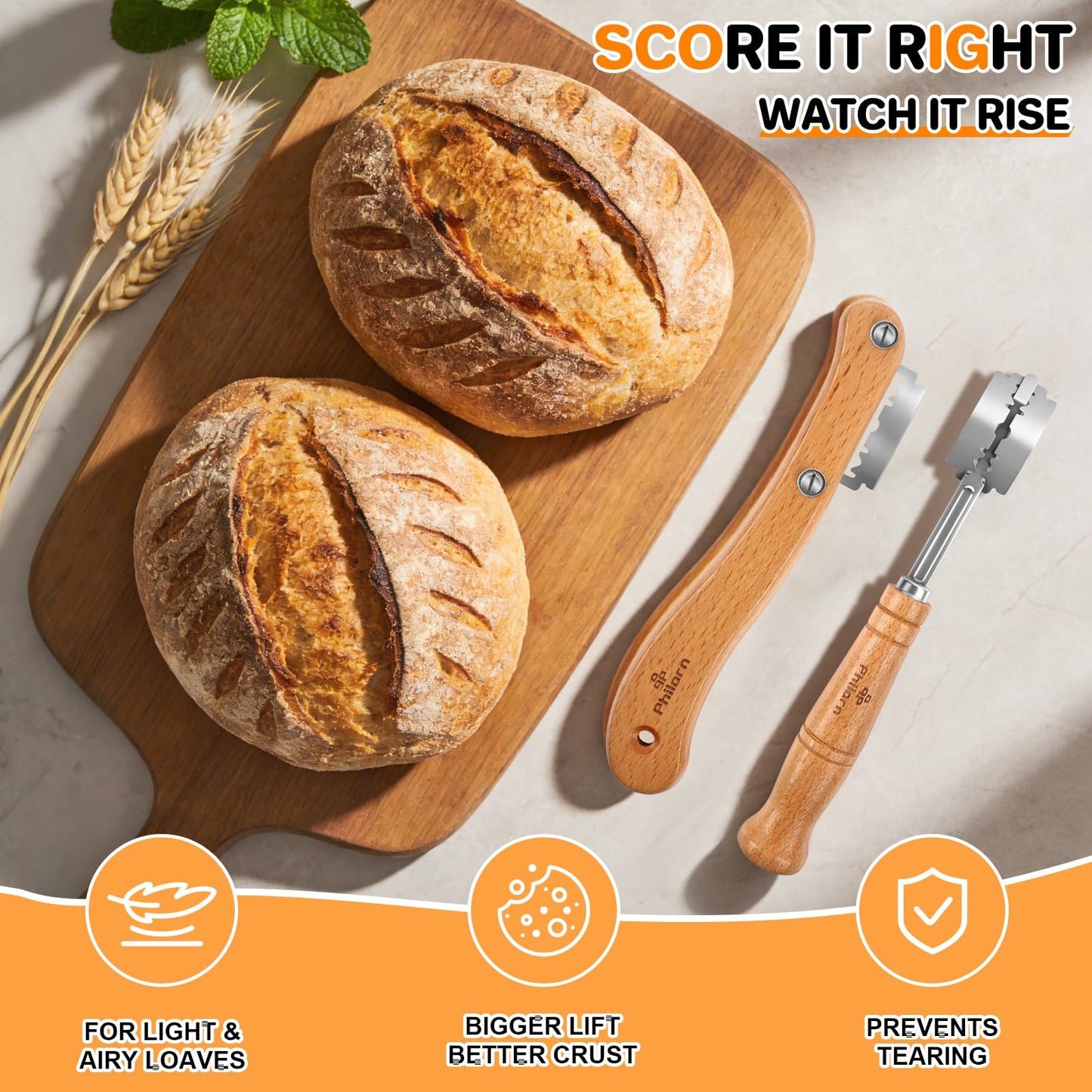 PHILORN 2pcs Set Bread Lame with 10 Stainless Steel Blades, Finger Sleeves and Protective Cover - Sourdough Razor Scorer with Straight & Curved Scoring Knife - Ergonomic Wooden Handle Gift for Bakers