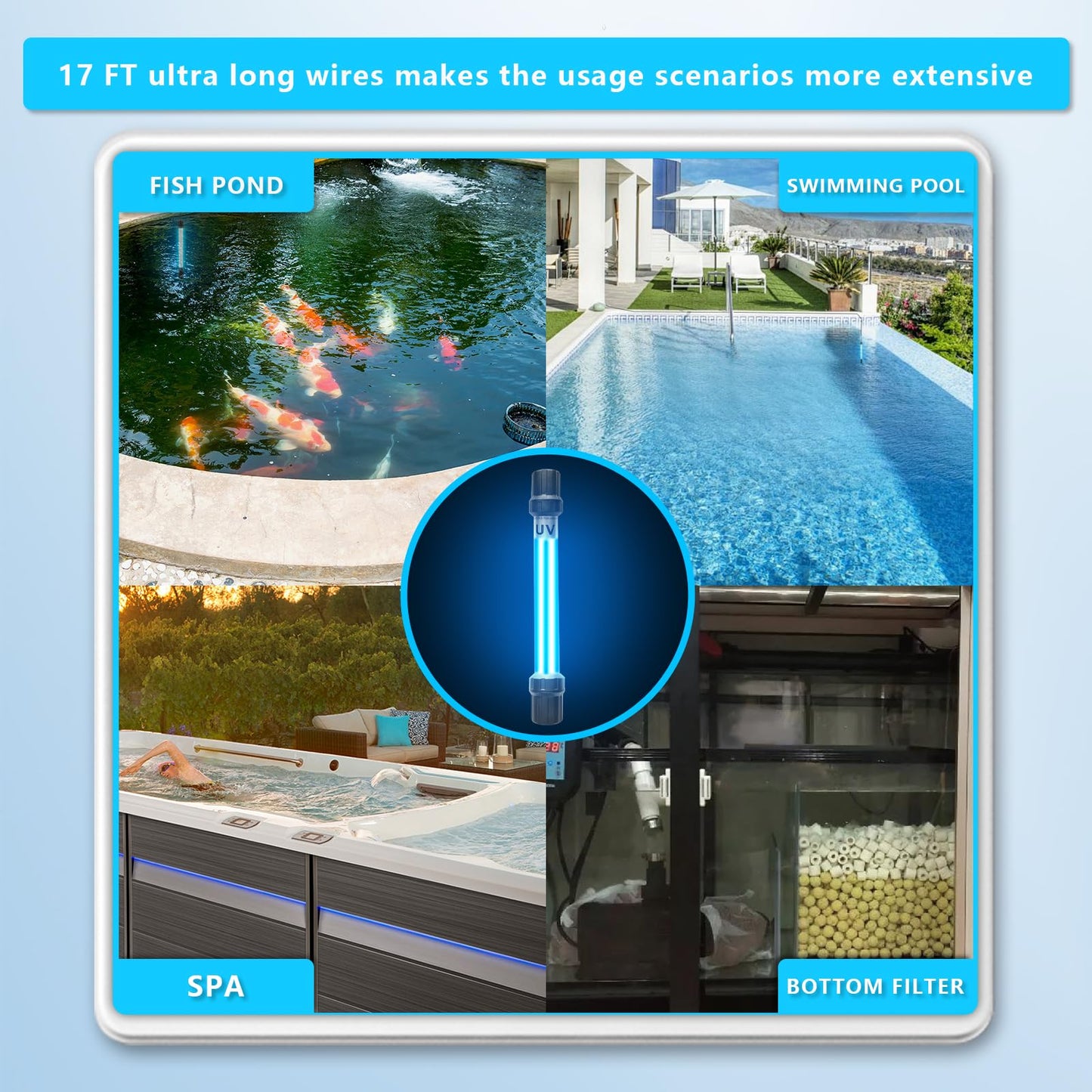 18W Aquarium UV Light for 100-1000 Gallon, UV Pond Water Clarifier for Koi Pond, Swimming Pool, Spa, Large Fish Tank, Cold Plunge UV Light for Pond Algae Control