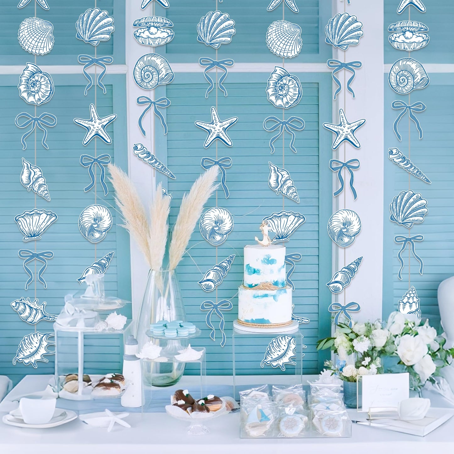 Sea Blue Bow Starfish and Seashell Garlands Summer Ocean Party Supplies 8PCS Coastal Starfish and Seashell Banners Nautical Party Decorations for Marine Baby Shower Wedding Bachelorette Decor