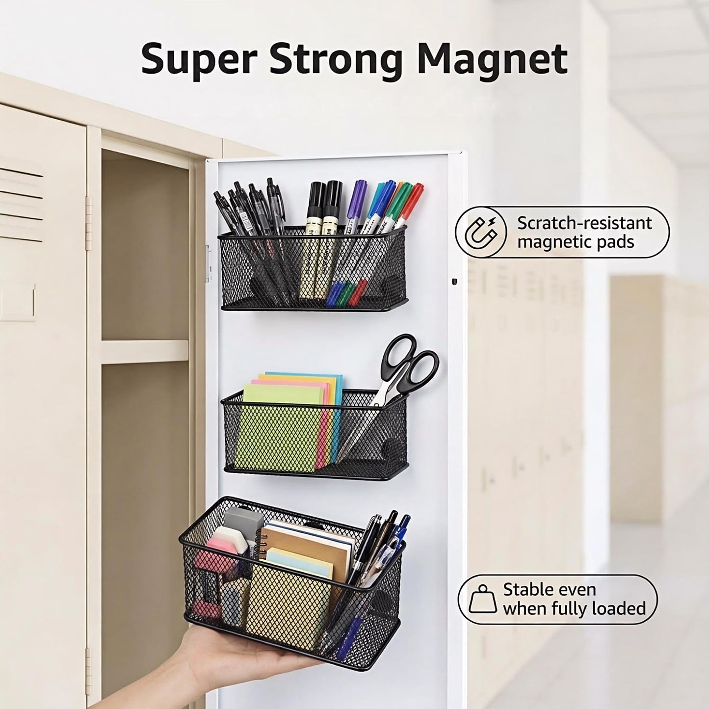Neudeco Magnetic Locker Organizer and Accessories, Wire Mesh Magnetic Storage Basket, Magnetic Holder for Dry Erase Markers, Strong Magnet Pen Holder for Fridge School, Pack of 3, Black
