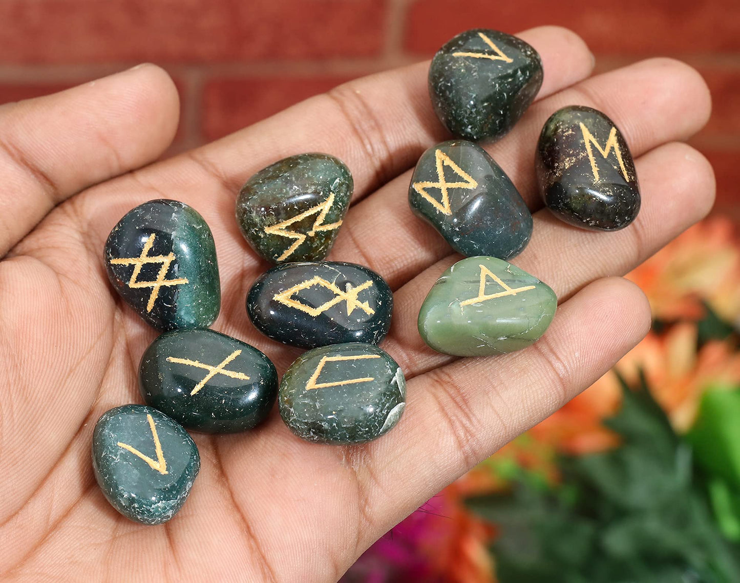 Crocon Green Bloodstone Rune Stones Set Engraved with Elder futhark Crystal Runes Set, Reiki Healing runas for Meditation Chakra Balancing Rune Stone for Beginners with Crystal Guide & Pouch 15-20 mm