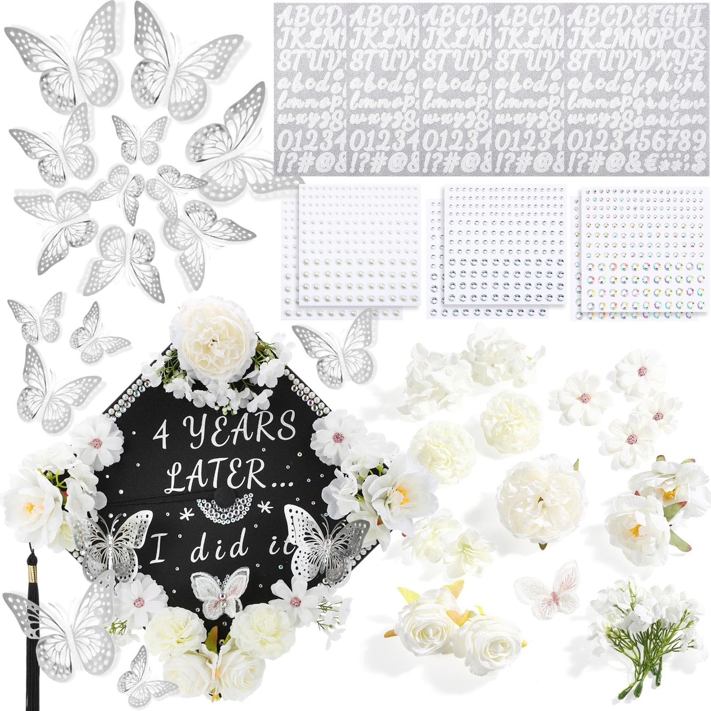 Hoteam DIY Graduation Cap Decorations Kit Included Faux Flowers 3D Butterfly Self Adhesive Rhinestones Glitter Alphabet Letter Stickers for 2026 Grad Cap Topper Party Gifts Decor(White)