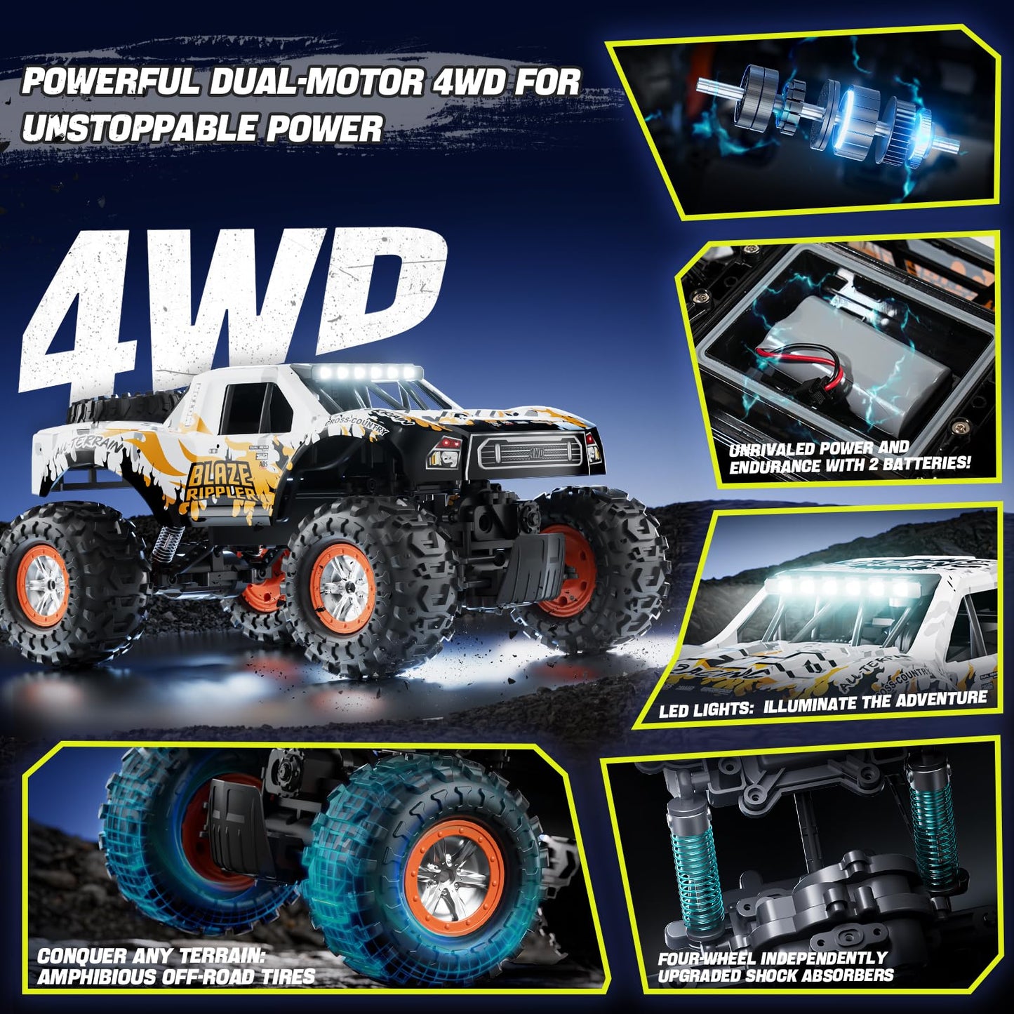 1:10 Amphibious Remote Control Car, 2.4 GHz Waterproof Monster Truck Toys RC Cars, 4WD All Terrain Off-Road Pickup RC Trucks , 2 Batteries 60Mins Play, Kids Toy Gift for Adults Kids Boys Girls
