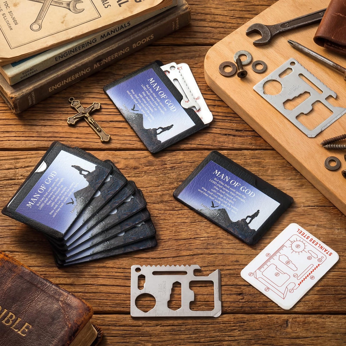 PullCrease 10 Pcs Man of God 11 in 1 Stainless Steel Credit Card Multitool Father's Day Gifts Survival Wallet Tool Bible Verse Ephesians 6: 10-11 Pocket Tool Set for Men Church Prizes Party Favor
