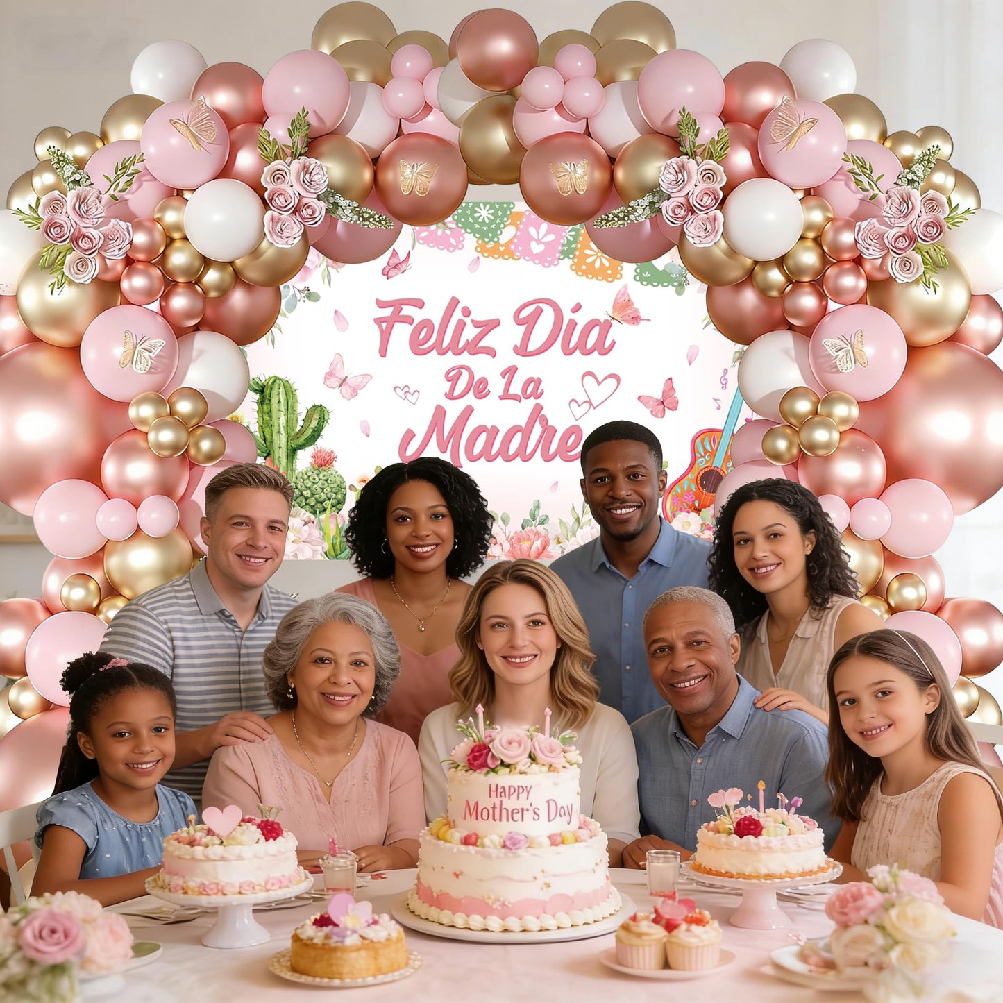 Feliz Da De La Madre Balloon Arch Kit 115 Pcs Mexican Mother's Day Balloon Garland Kit Rose Gold Pink White Balloons with Banner for Best Mom Ever Mothers Day Party Supplies