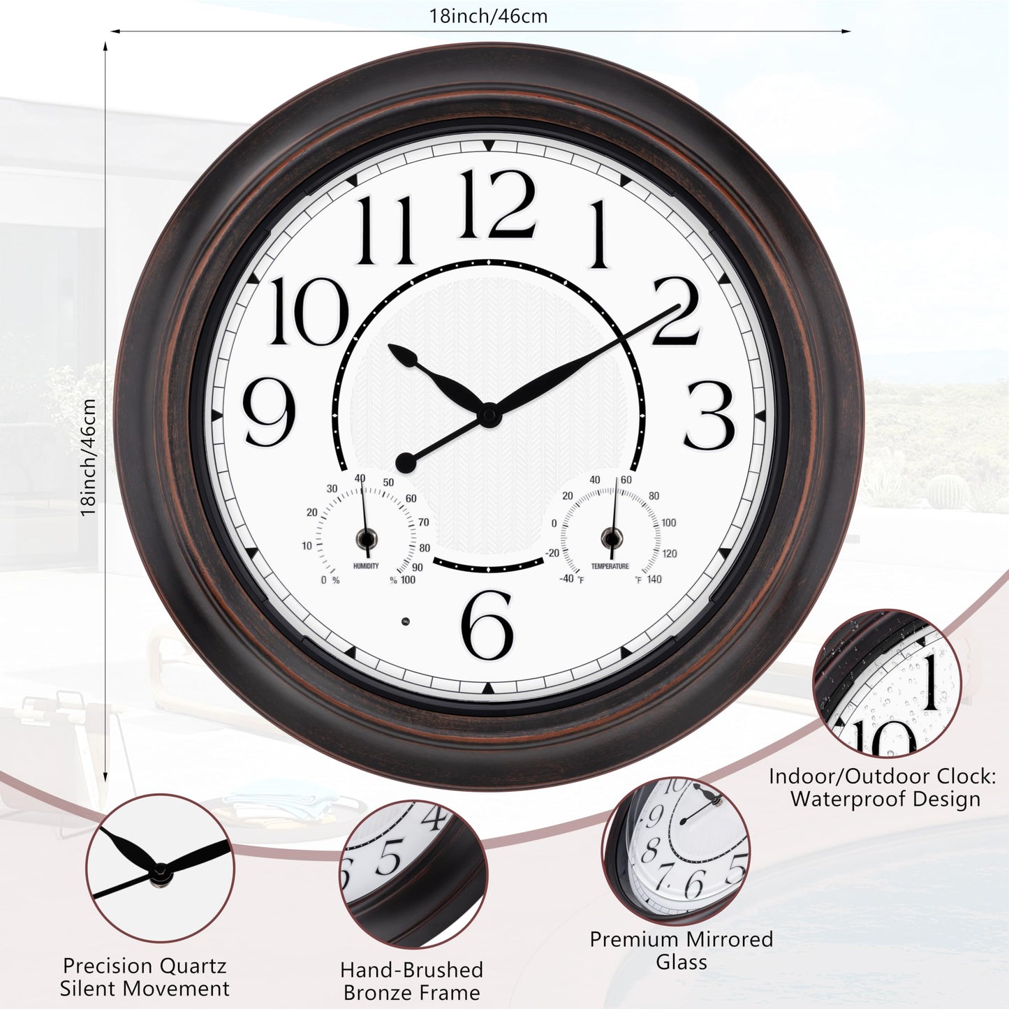 18 Inch Large Illuminated Outdoor Wall Clock, Waterproof Wall Clock with Smart Night Light Sensor, Lighted Large Wall Clock with Thermometer & Hygrometer for Patio Pool Porch Garden & Home Decor