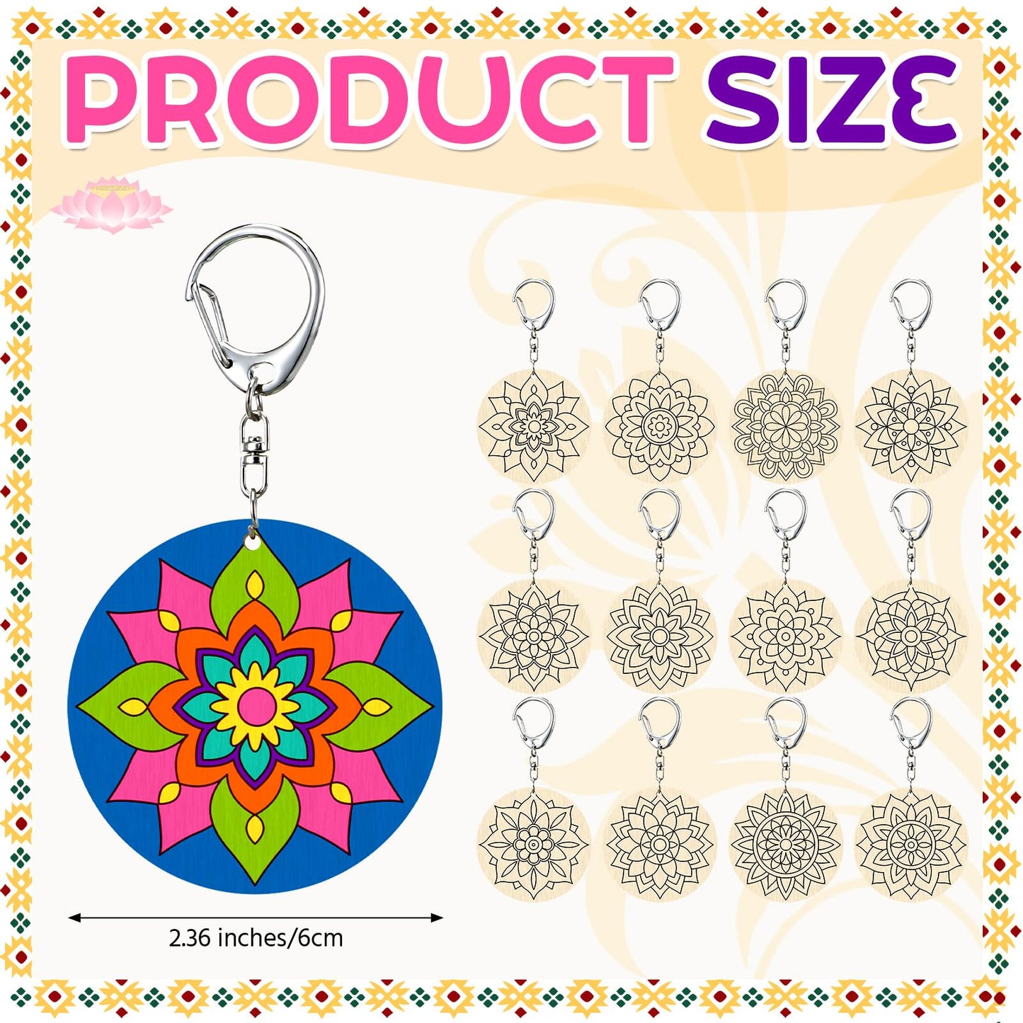 RattanView 24 Pcs Mandala Craft Color Your Own Keychains DIY Craft Wooden Blank Keychains for Sunday School Classroom Home Active Party Favors Gifts, 12 Styles