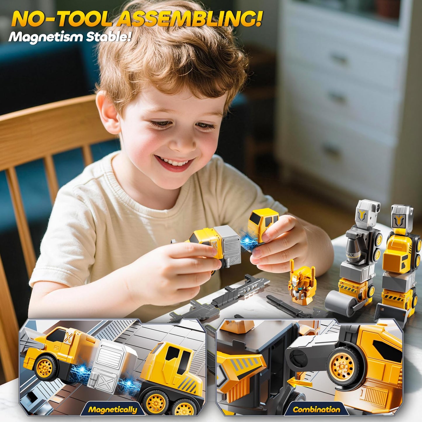 JUKUDAHU 5-in-1 Robot Toys Cars for Kids 3-5, Magnetism Transforming Robots, Detachable Construction DIY Assembling Vehicle Sets, Educational Toys for Boys Girls 3 4 5 6 7 8, Birthday Gifts(Yellow)