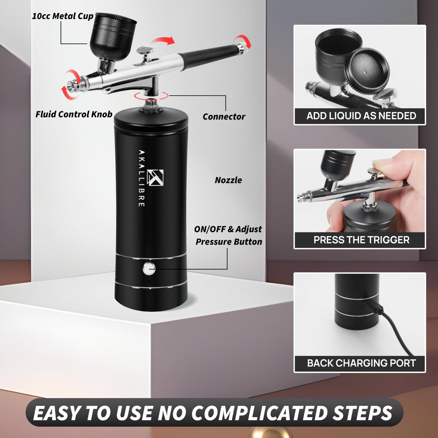 AKALLIBRE Airbrush Kit with Compressor, 48PSI High-Pressure Non-Clogging Airbrush Gun with 0.2/0.3/0.5mm Nozzles, Portable Airbrush for Nails Art, Cake Decoration, Painting etc. (Black)