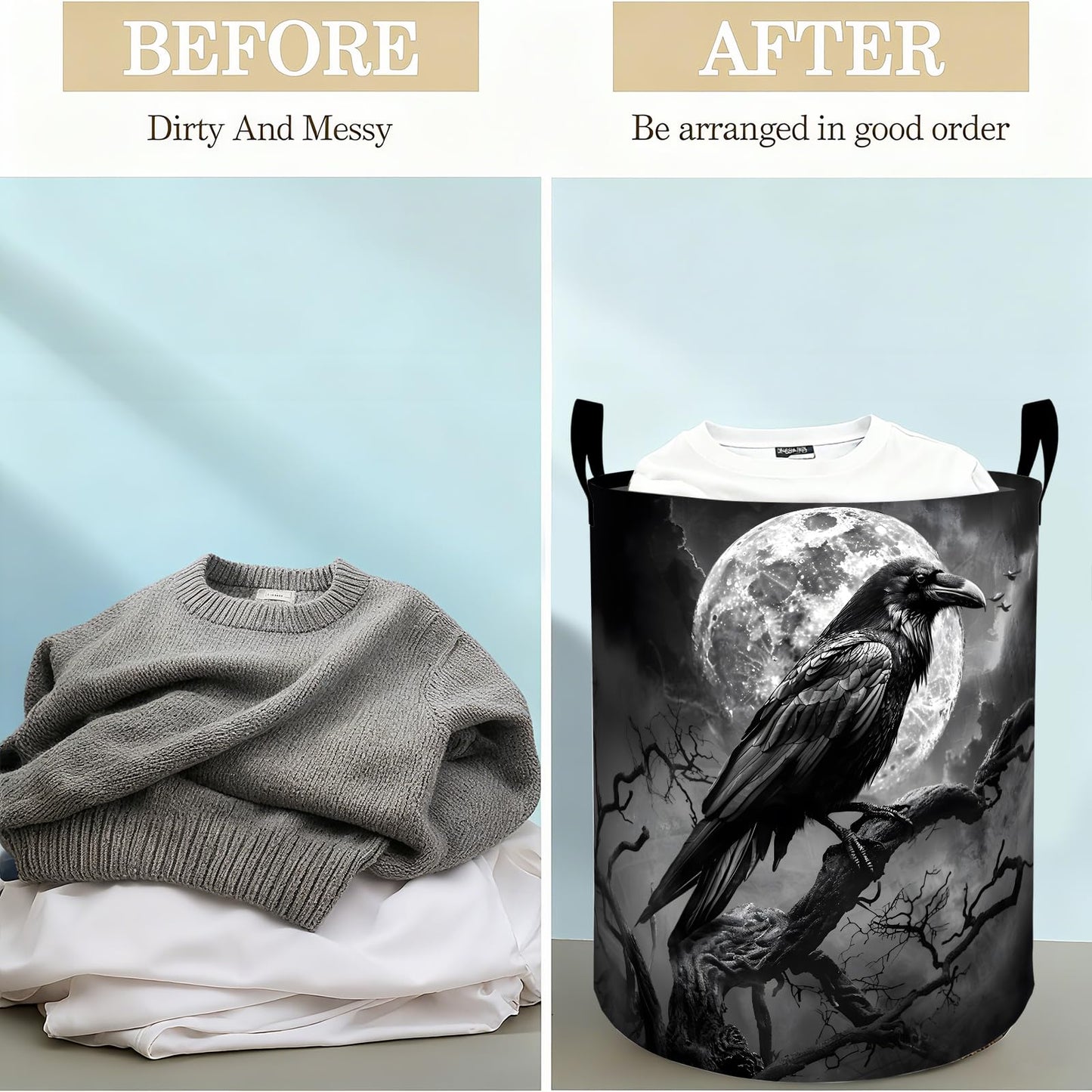 Raven Moon Laundry Basket Hamper for Boys Girls Kids Adults, Foldable Waterproof Oxford Clothes Storage Bin, Gothic Spooky Organizer for Bedroom Bathroom Room Decor 19.7"x15.8"