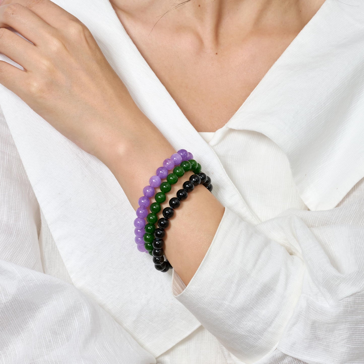 Bivei 3-Piece 8mm Beaded Bracelets for Women – Green Jade, Black Tourmaline, Purple Jade – Natural Crystal Handmade Stretch Jewelry for Meditation, Yoga & Protection Gifts