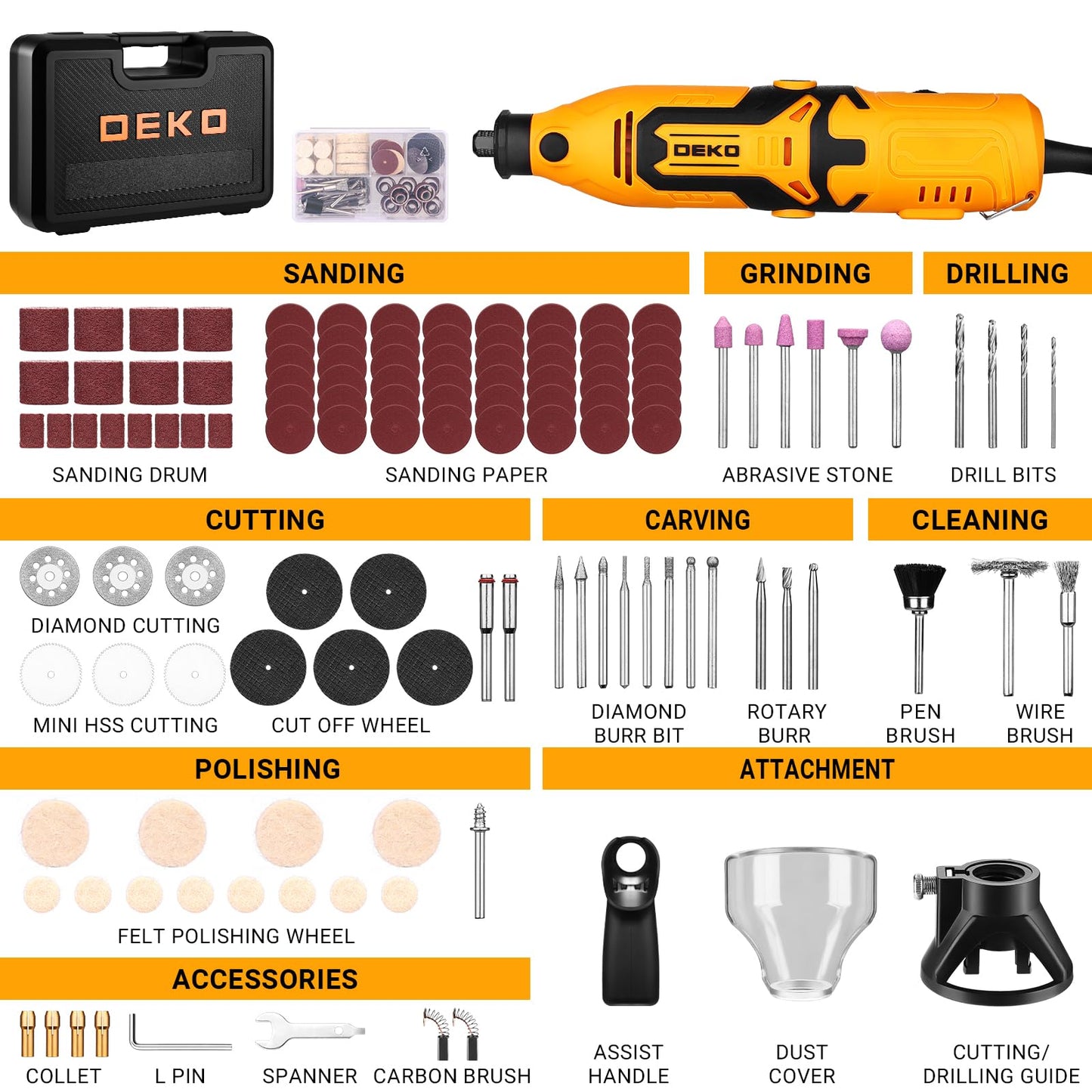 Rotary Tool Kit:DEKOPRO 1.4-Amp Power Hand Rotary Tools with 6 Variable Speed, 127pcs Accessories, 8000~35000RPM Electric Grinder Drill Machine Set with Flex Shaft for Carving, Cutting, Sanding Yellow