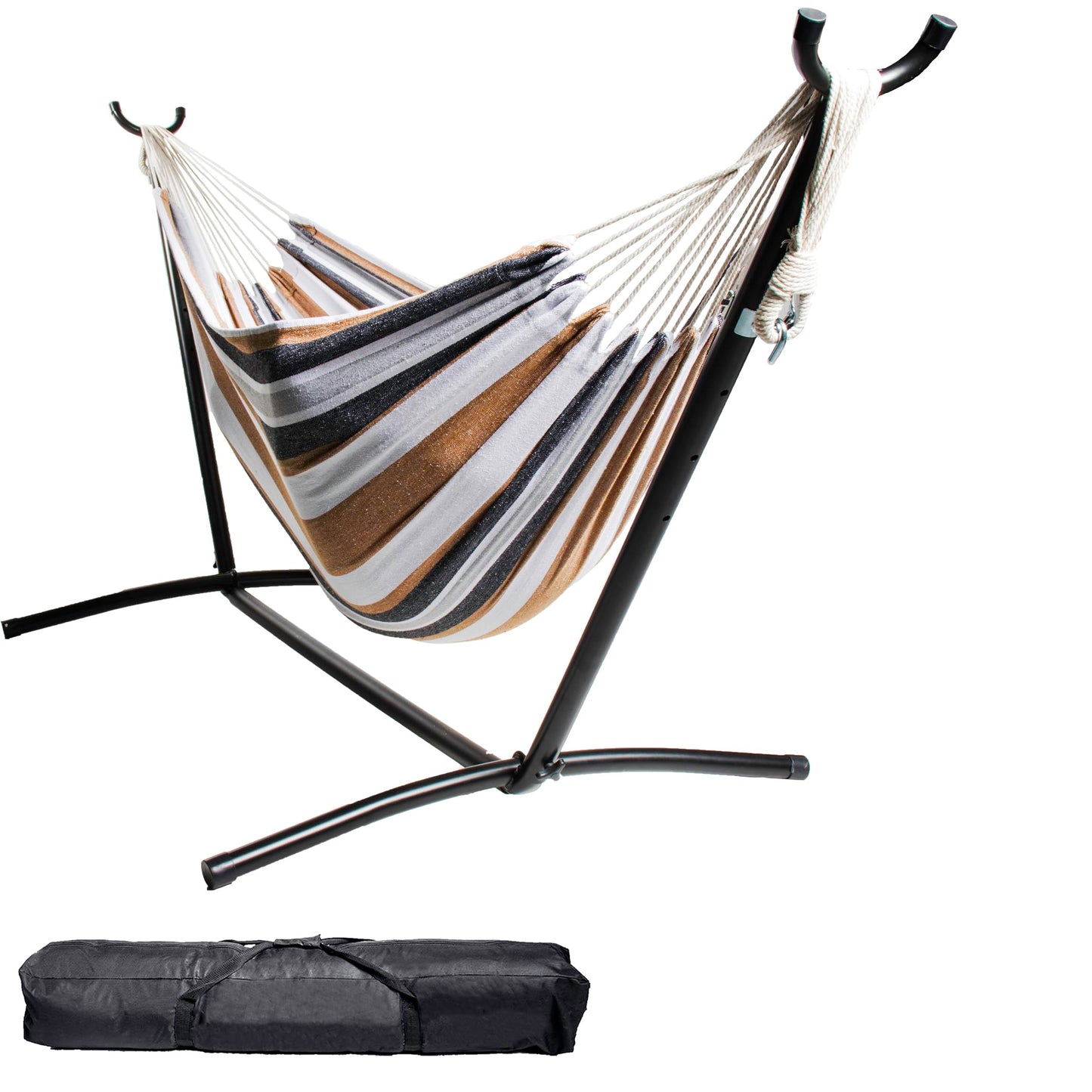 Backyard Expressions Double Camping Hammock with Steel Stand & Carrying Bag, Adjustable Height, Ultra Soft Cotton Blend, 550 lb Capacity, Indoor & Outdoor Portable Hammock