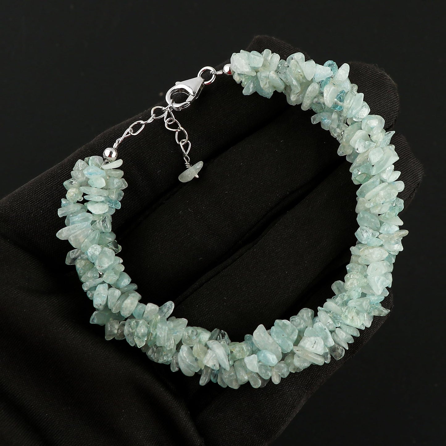 CRYSTALIS Natural Aquamarine Beads Braided Rope Bracelet, Chips Nuggets Beaded Gemstones, Chakra Healing Stones, Gift Giving Womens Jewelry, 925 Sterling Silver Bracelet 8 inch
