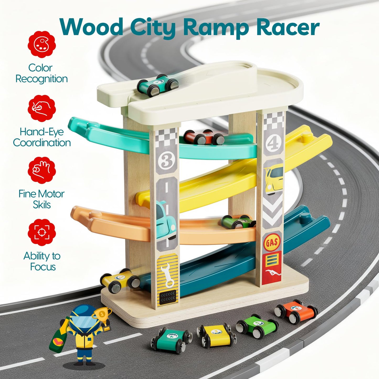 TOP Bright Toddler Wooden Race Track Car Ramp Toys for 1 2 Year Old Baby Motor Skills Race Tracks Car Ramp Vehicle Playsets with 4 Mini Cars and 1 Car Garage