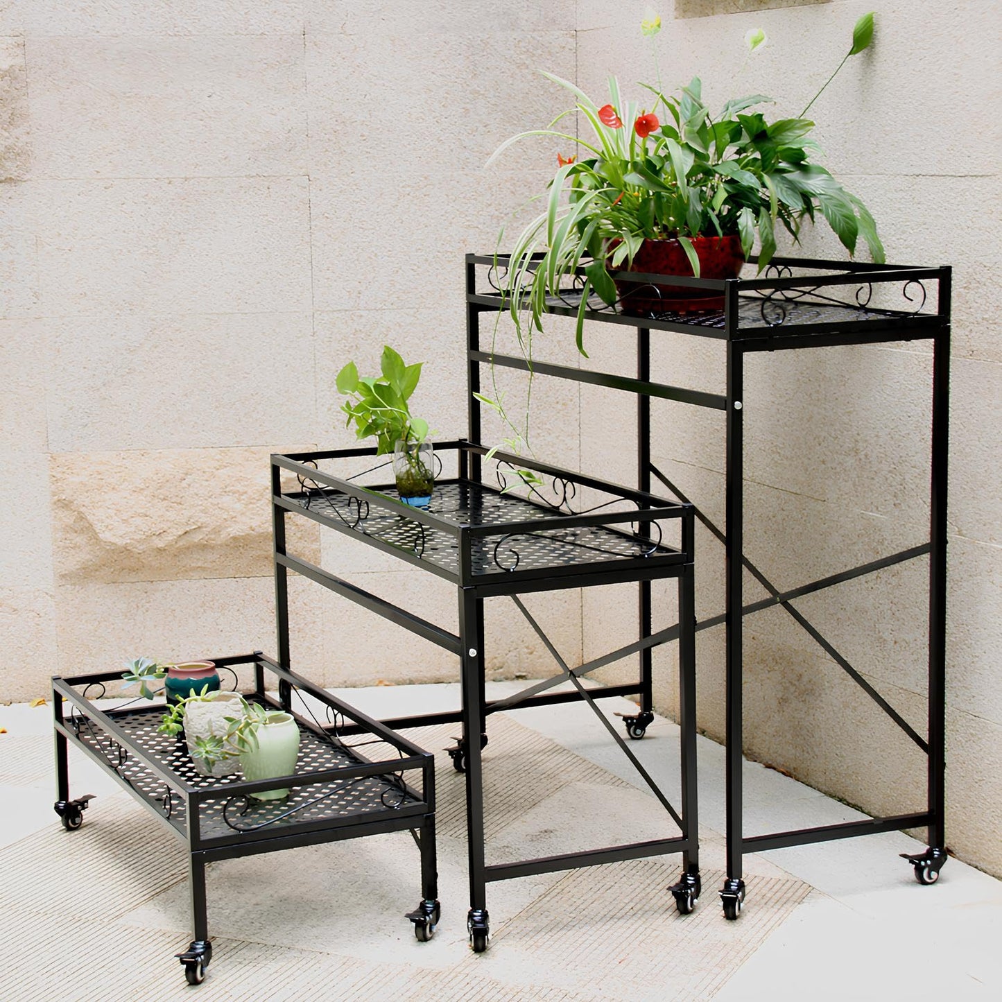 Zhongma 1 Tier Window Height Sturdy Metal Plant Stand with Wheels, 40.5x16x40.4 in High, Heavy Duty Succulent Shelf for Home Indoor and Outdoor, 220 LBS Capacity & Heavy Duty Construction