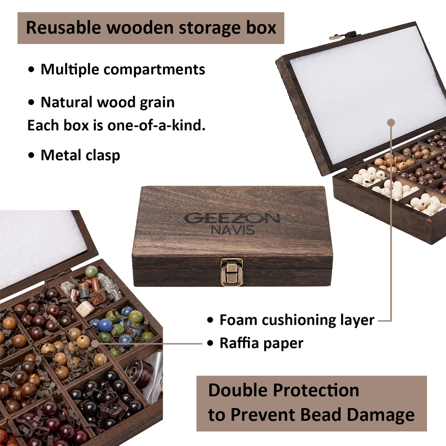 Geezon Navis Bracelet Making Kit - 10mm Natural Wooden Beads with Letters & Stone Beads - 296pcs in 16 Colors - DIY Jewelry Making Starter Kit Adult Men Women Birthday Gift Craft