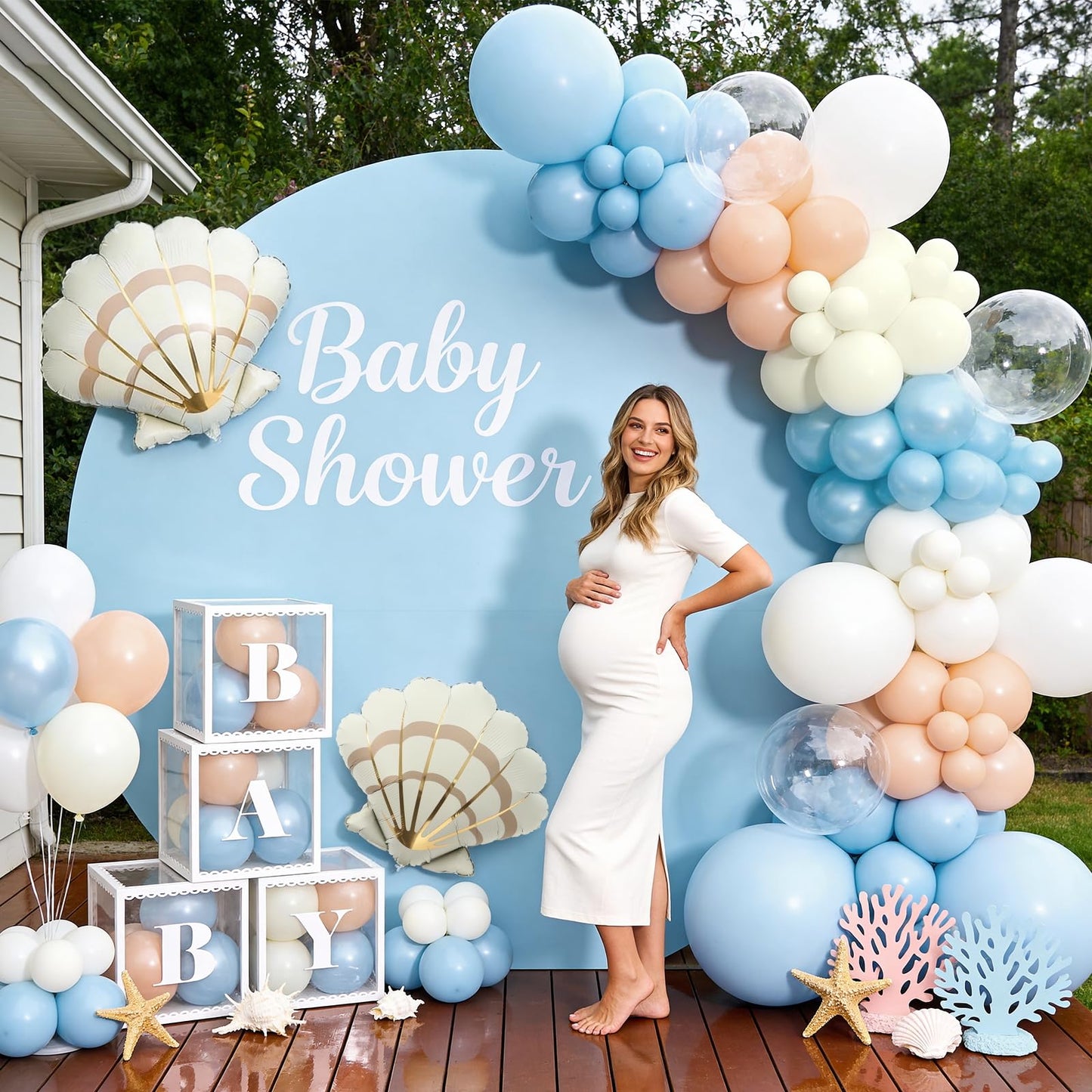 SNLN Under the Sea Baby Shower Decorations, Ocean Themed Birthday Party Decorations, Blue Pastel Orange White Balloon Arch Seashell Foil Balloon Box Sea You Soon Baby Shower Gender Reveal Decoration