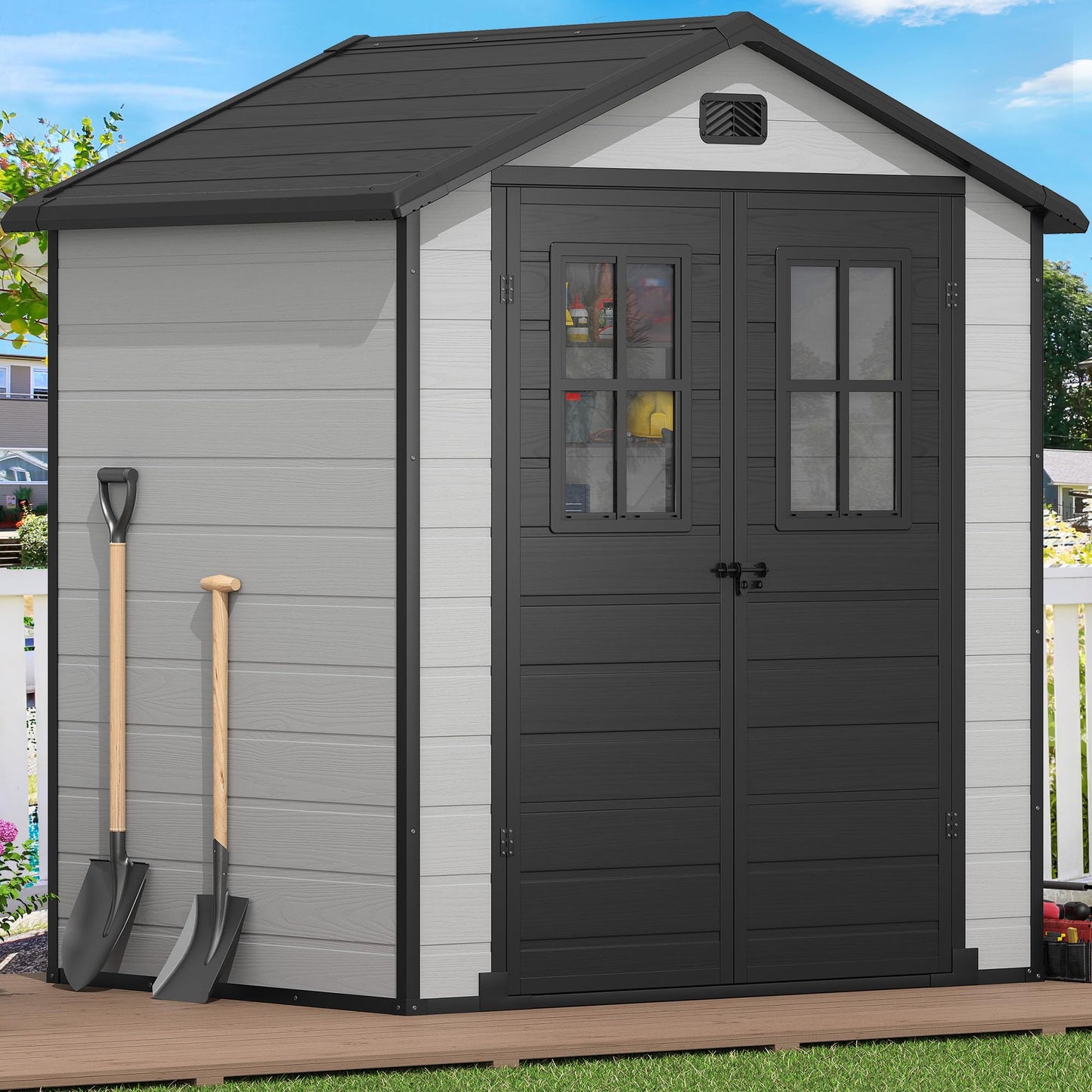 DWVO 6x4.4 FT Outdoor Storage Shed, Plastic Garden Tool Shed with 2 Windows, Double-Wall Outside Shed for Lawn Mower, Garden Tool for Backyard, Patio, Lawn, Lockable, Grey & Black