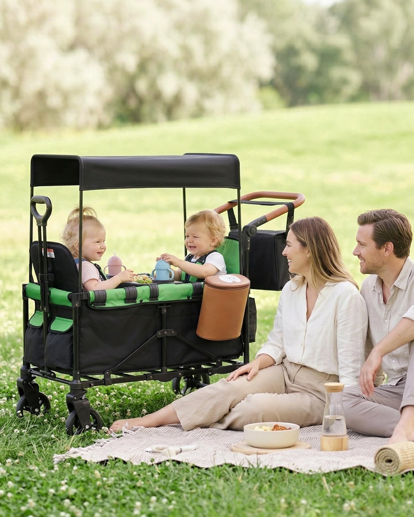 2-in-1 Wagon Stroller for Two Kids – Foldable Push & Pull All‑Terrain Wagon with Canopy, 5‑Point Harnesses,Removable Snack Tray,Storage Bag, Lightweight, Compact Trunk-Friendly Fold – Green
