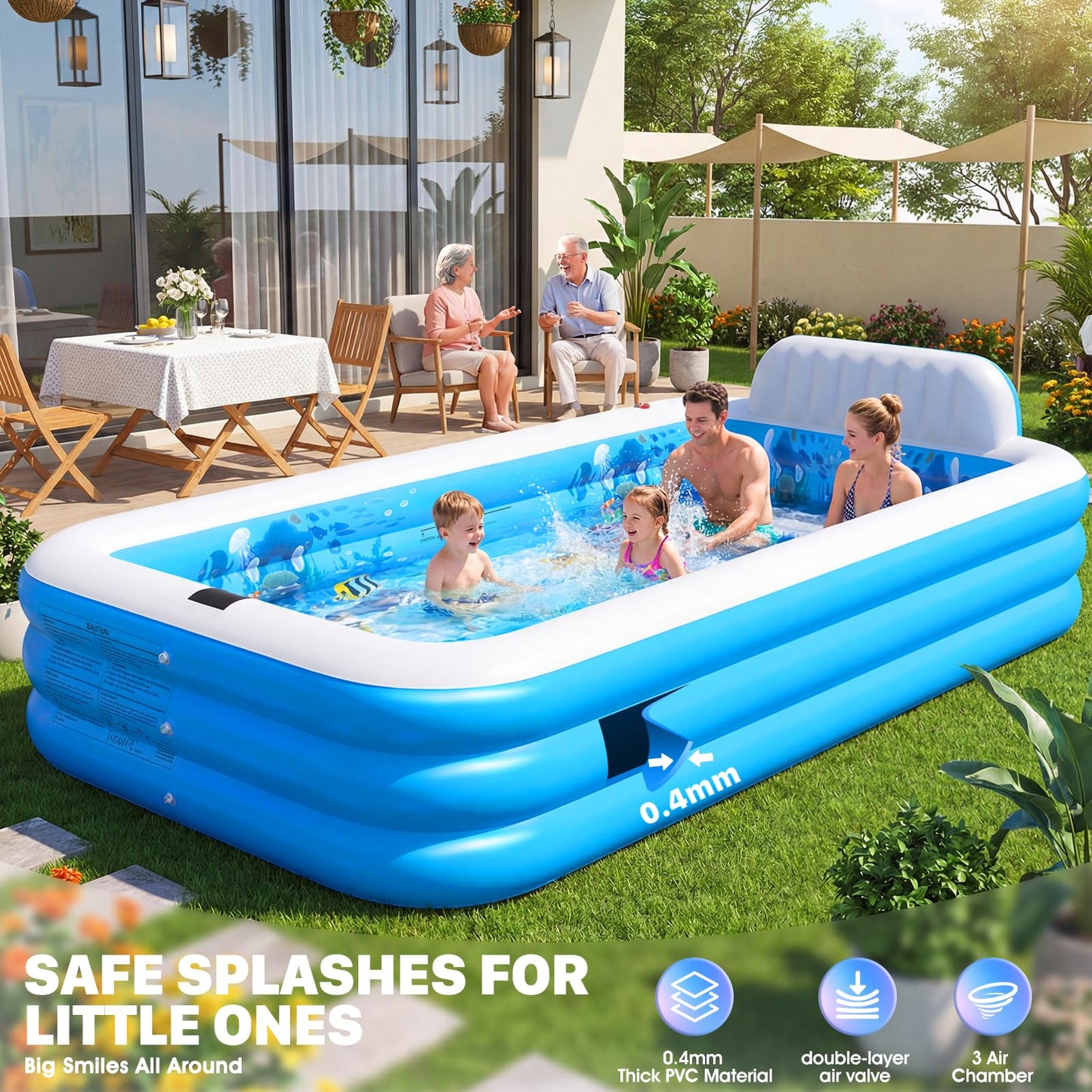 AixPool Extra Large Inflatable Pool With Lights,Upgraded Solar Powered Blow Up Pool For Adults,Inflatable Kids Swimming Pool with Seat& Backrest,Big Inflatable Kids Pool For Backyard,120x73x20IN-White