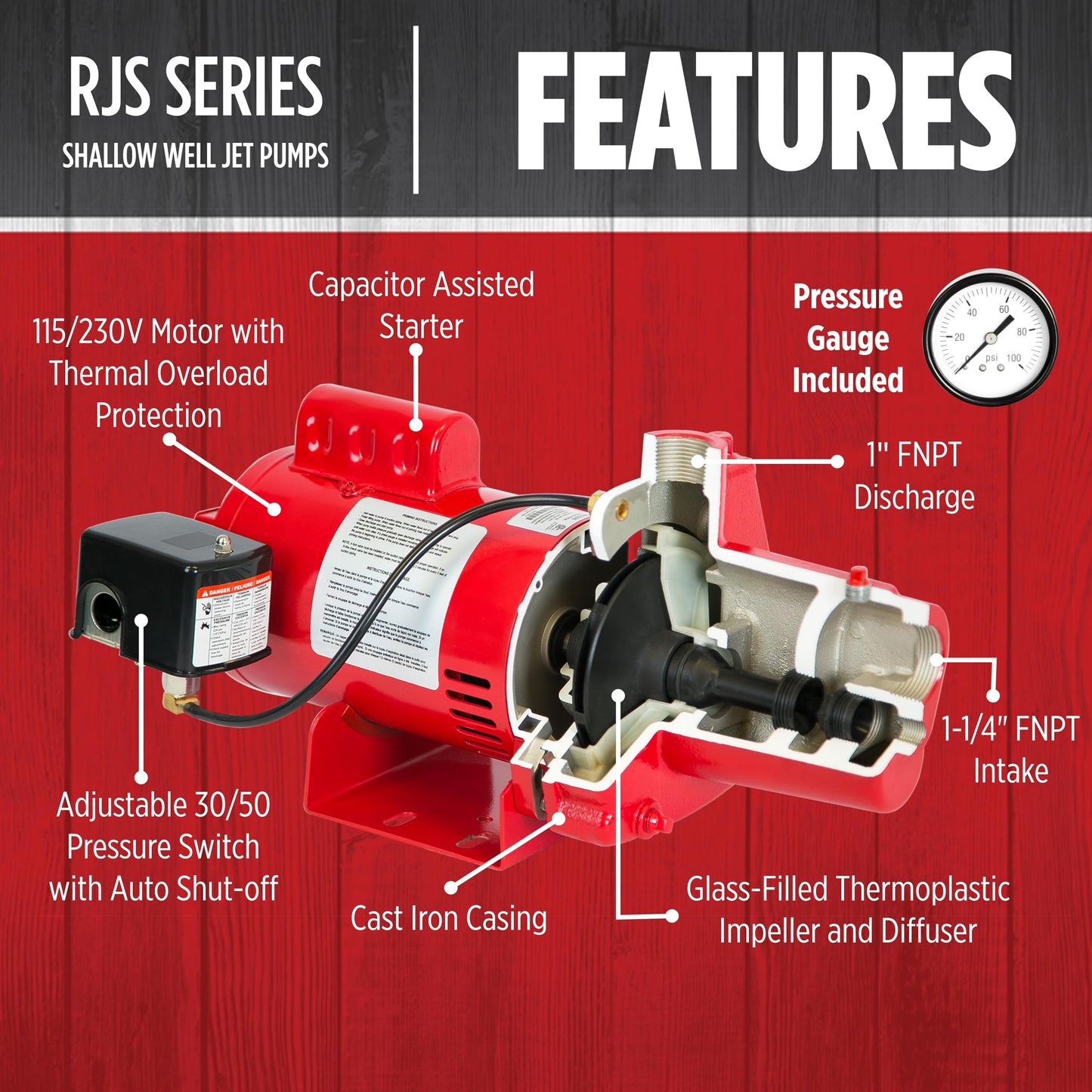 Red Lion RJS-50-PREM 1/2 HP, 12 GPM, 115/230 Volt, Premium Cast Iron Shallow Well Jet Pump, Red, 602206
