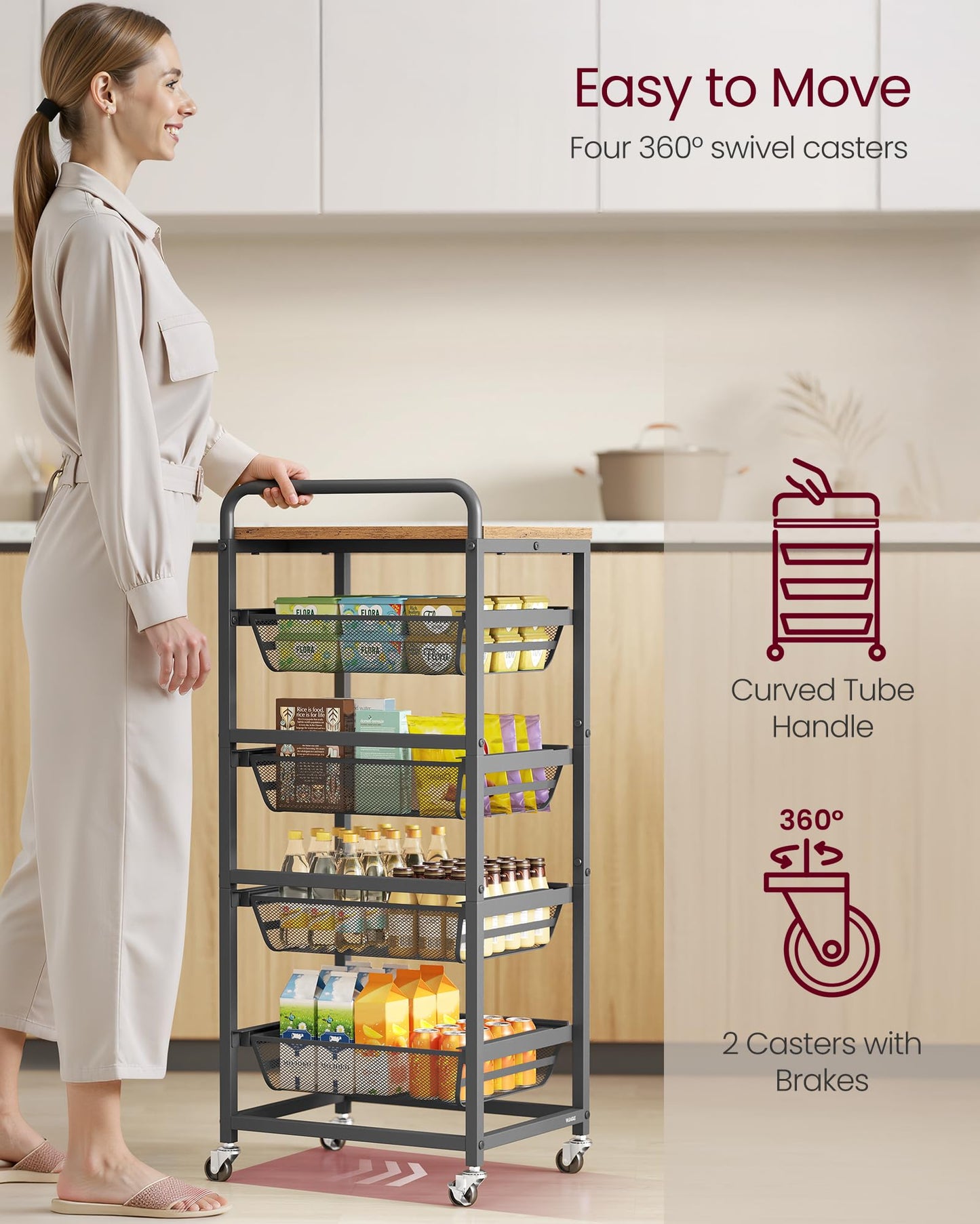 VASAGLE Storage Rolling Cart with Pull-Out Baskets, 5-Tier Utility Cart Orgnizer with Wheels for Laundry Room, Kitchen, Handle, 12.5 x 15.8 x 37.4 Inches, Rustic Brown and Ink Black ULRC041K01
