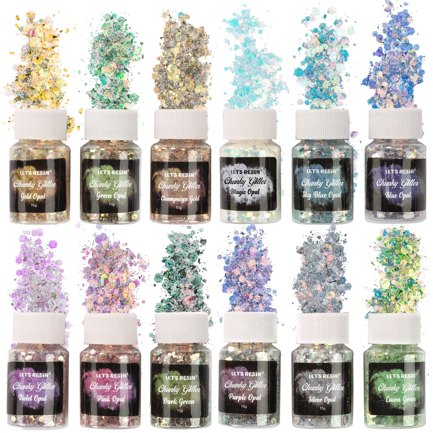 LET'S RESIN Opal Chunky Glitter for Resin, 12 * 10g Craft Glitter Powder for Tumblers/Slime, Iridescent Chameleon Glitter Sequins Festival Decor(Each 0.35oz)