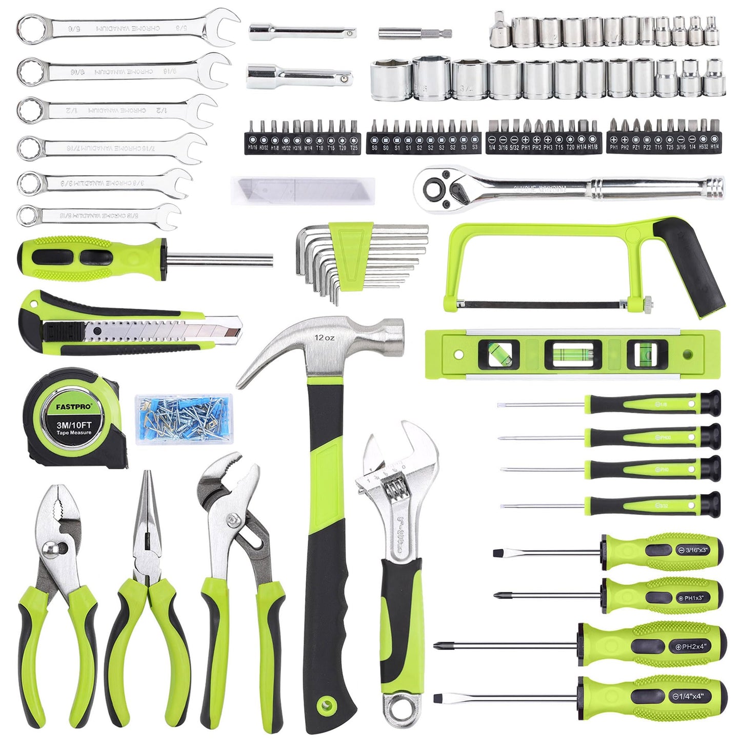 FASTPRO 198-Piece Household Tool Set, Home Repairing Tool Set with Toolbox, SAE Mechanics Hand Tool Kit for DIY, Home Maintenance, Green
