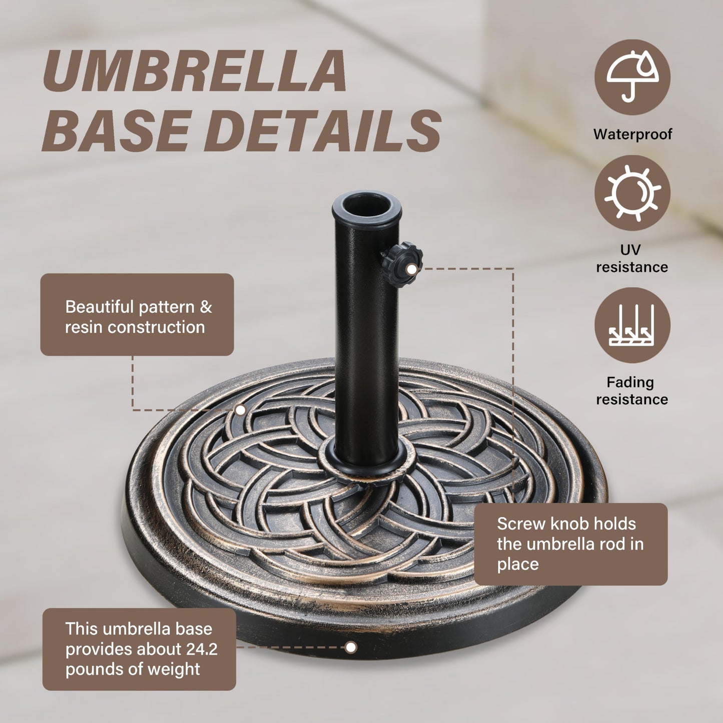 HealSmart 24.2 lbs Heavy Duty Umbrella Base 17.72" Round Patio Umbrellas-Stand for Outdoor, Lawn and Garden, Bronze